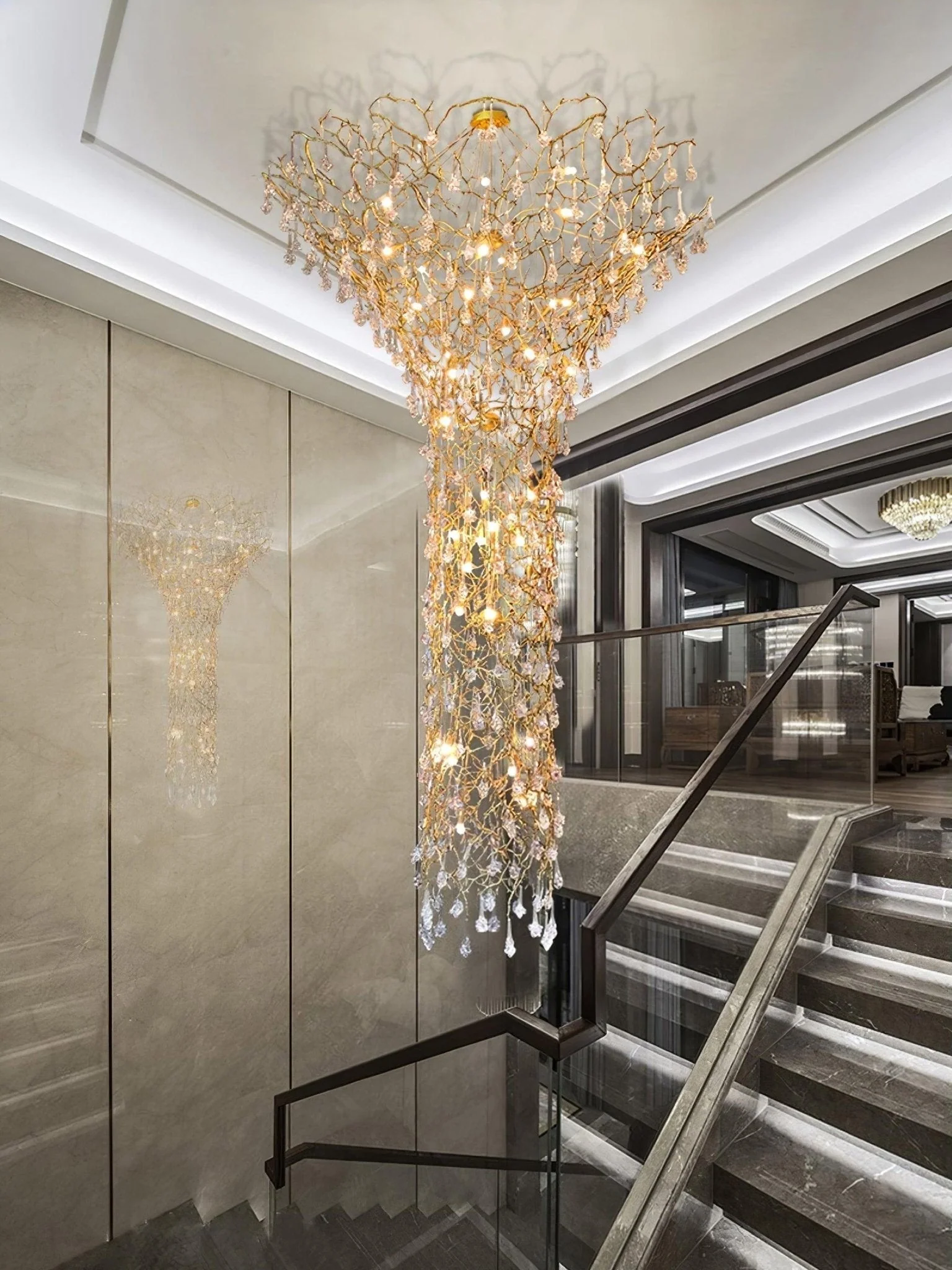 Abeleisa Tree Branch Staircase Brass Crystal Chandelier - Image 33