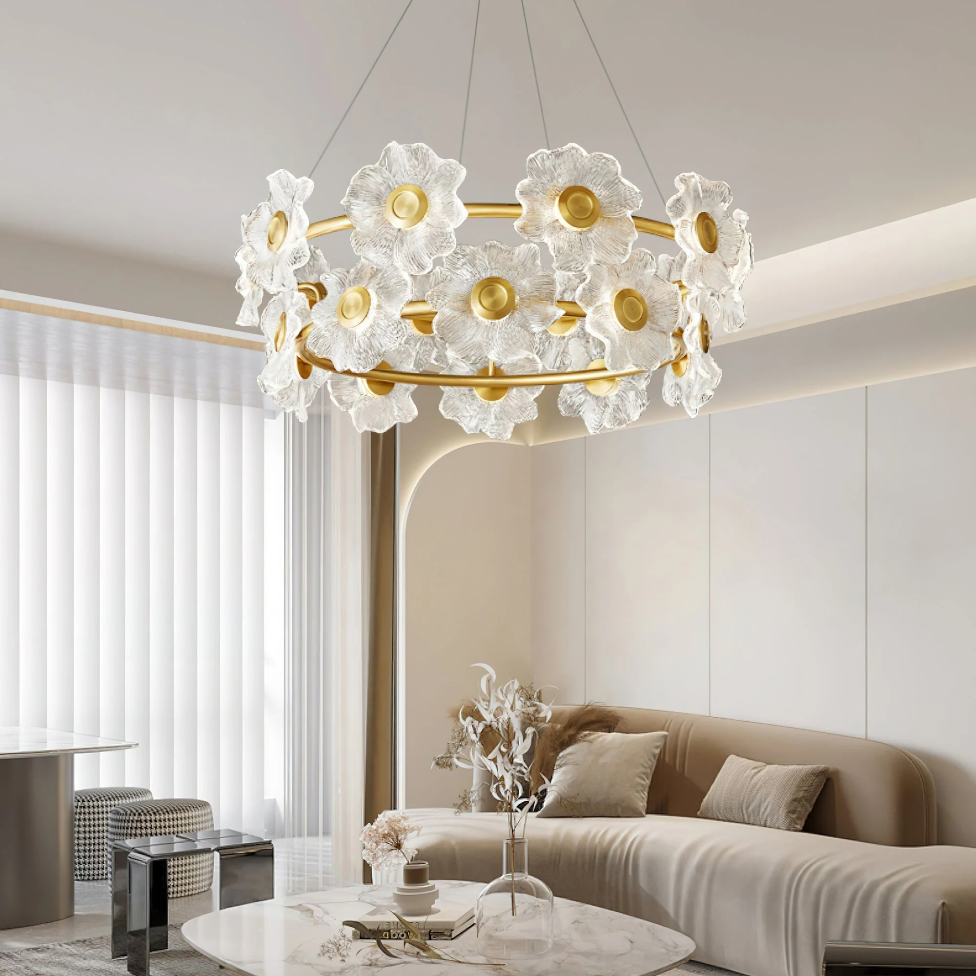 Cemirel Unique Flower Brass Glass Chandelier - Image 9