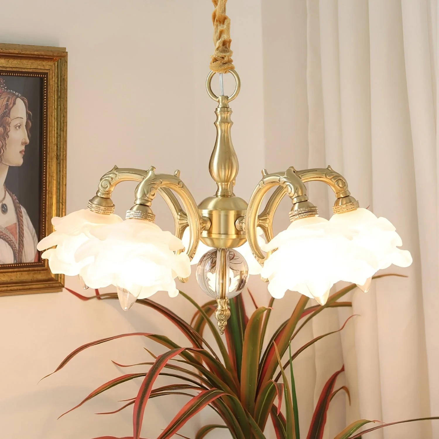 Curved Vintage Brass Chandelier - Image 2