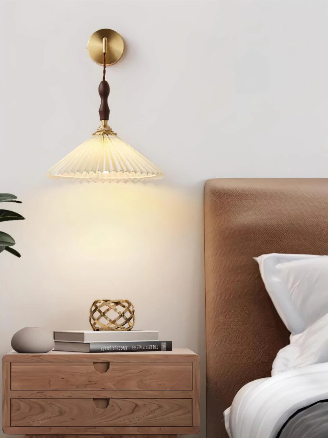 Eurlaeel Premium	Elegance Pleated Walnut Wooden Wall Lamp - Image 19