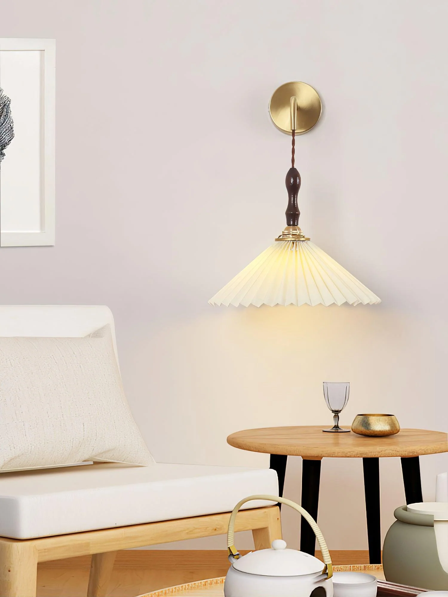 Eurlaeel Premium	Elegance Pleated Walnut Wooden Wall Lamp - Image 3