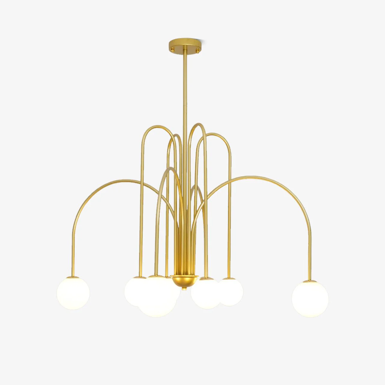 Lustra Chandelier Brass Curved Arms White Globe