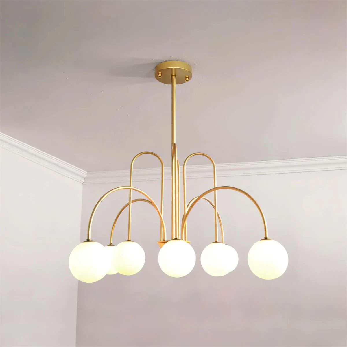 Lustra Chandelier Brass Curved Arms White Globe - Image 10