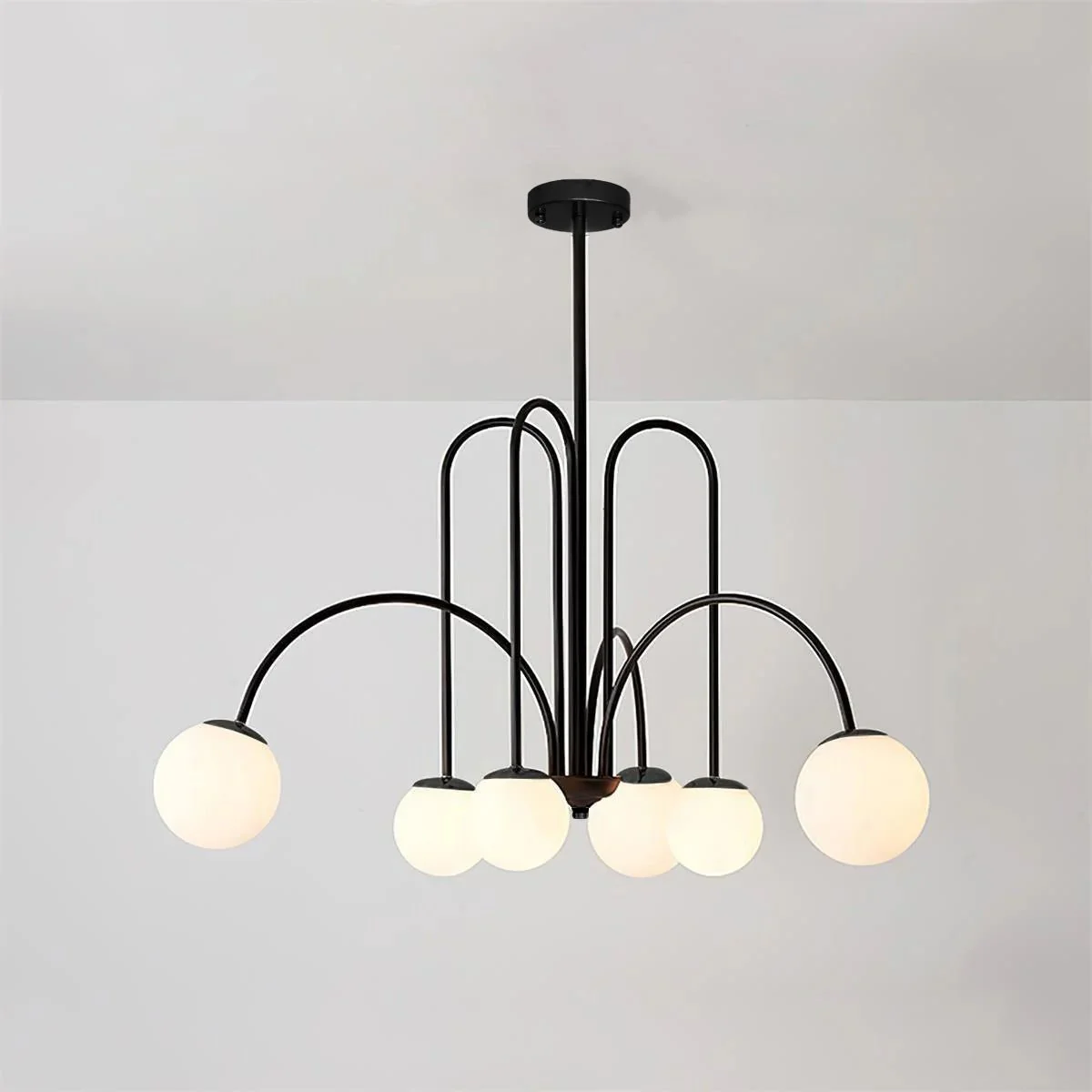 Lustra Chandelier Brass Curved Arms White Globe - Image 12