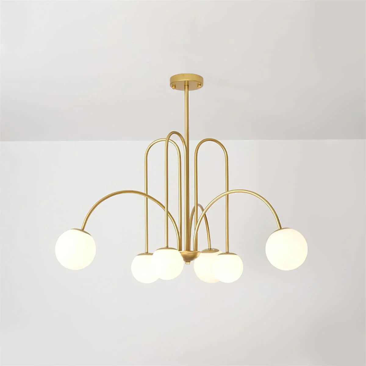 Lustra Chandelier Brass Curved Arms White Globe - Image 13