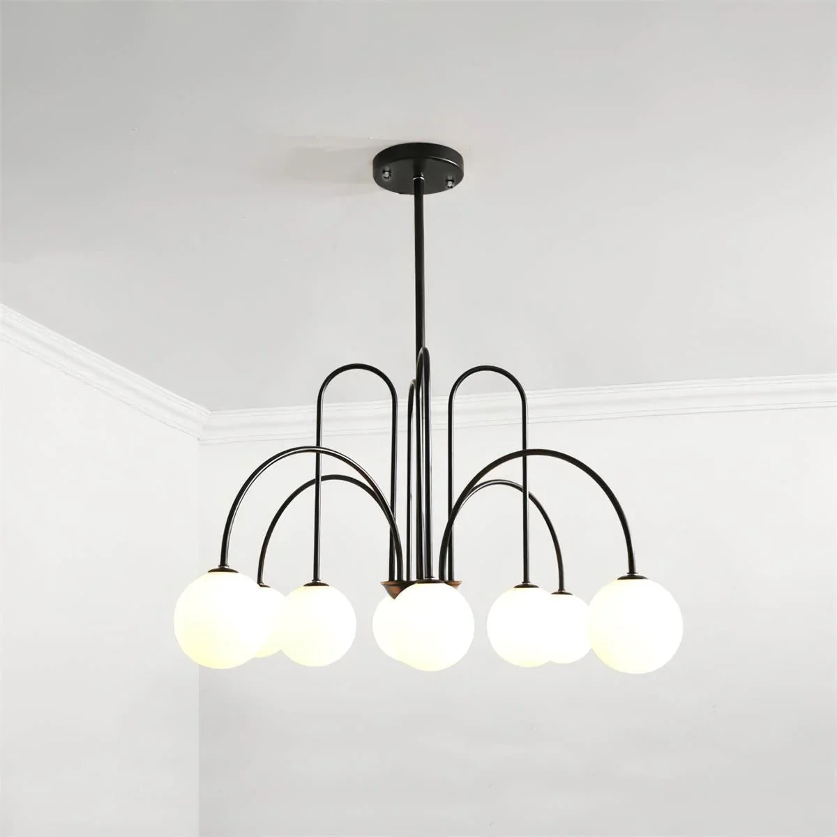 Lustra Chandelier Brass Curved Arms White Globe - Image 17
