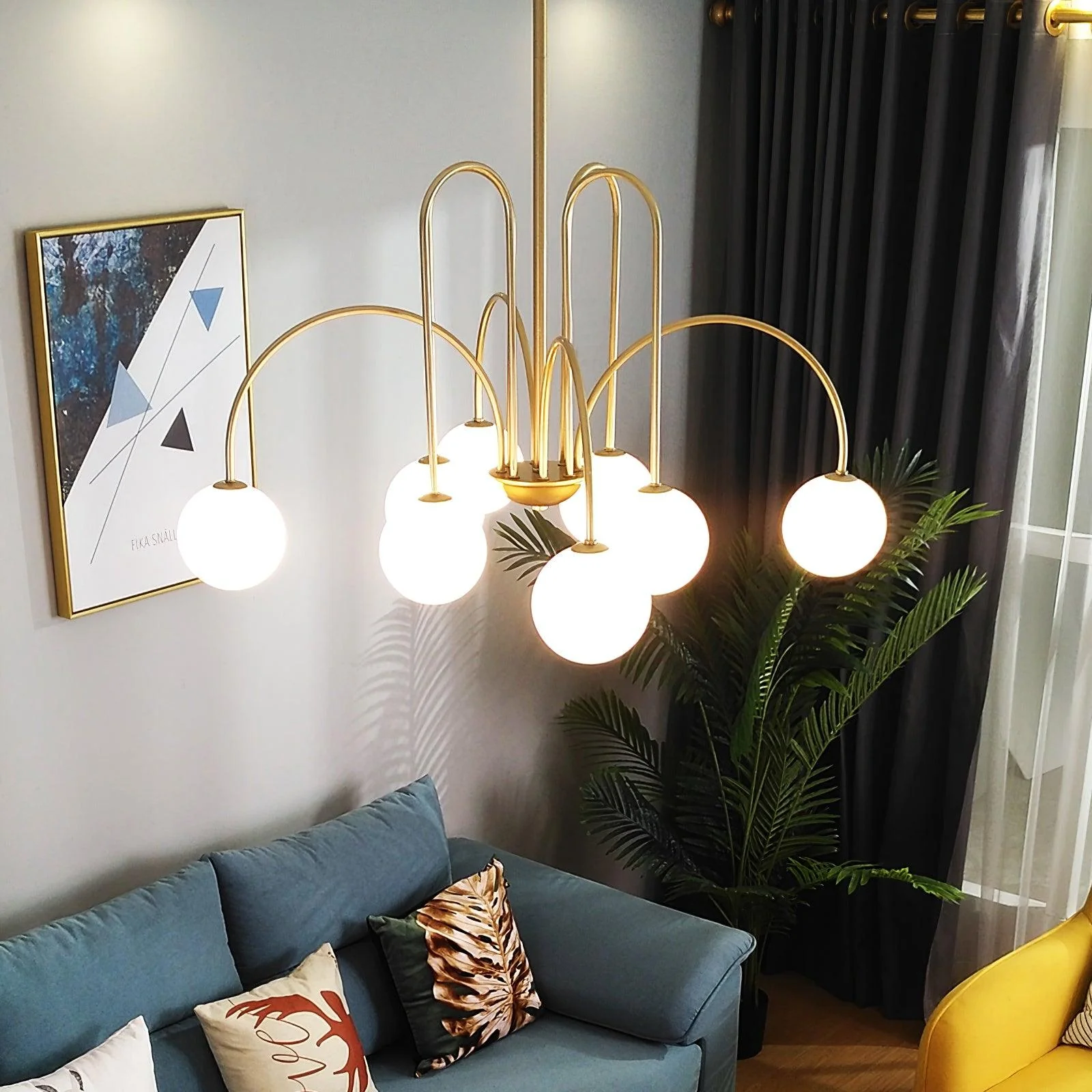 Lustra Chandelier Brass Curved Arms White Globe - Image 2