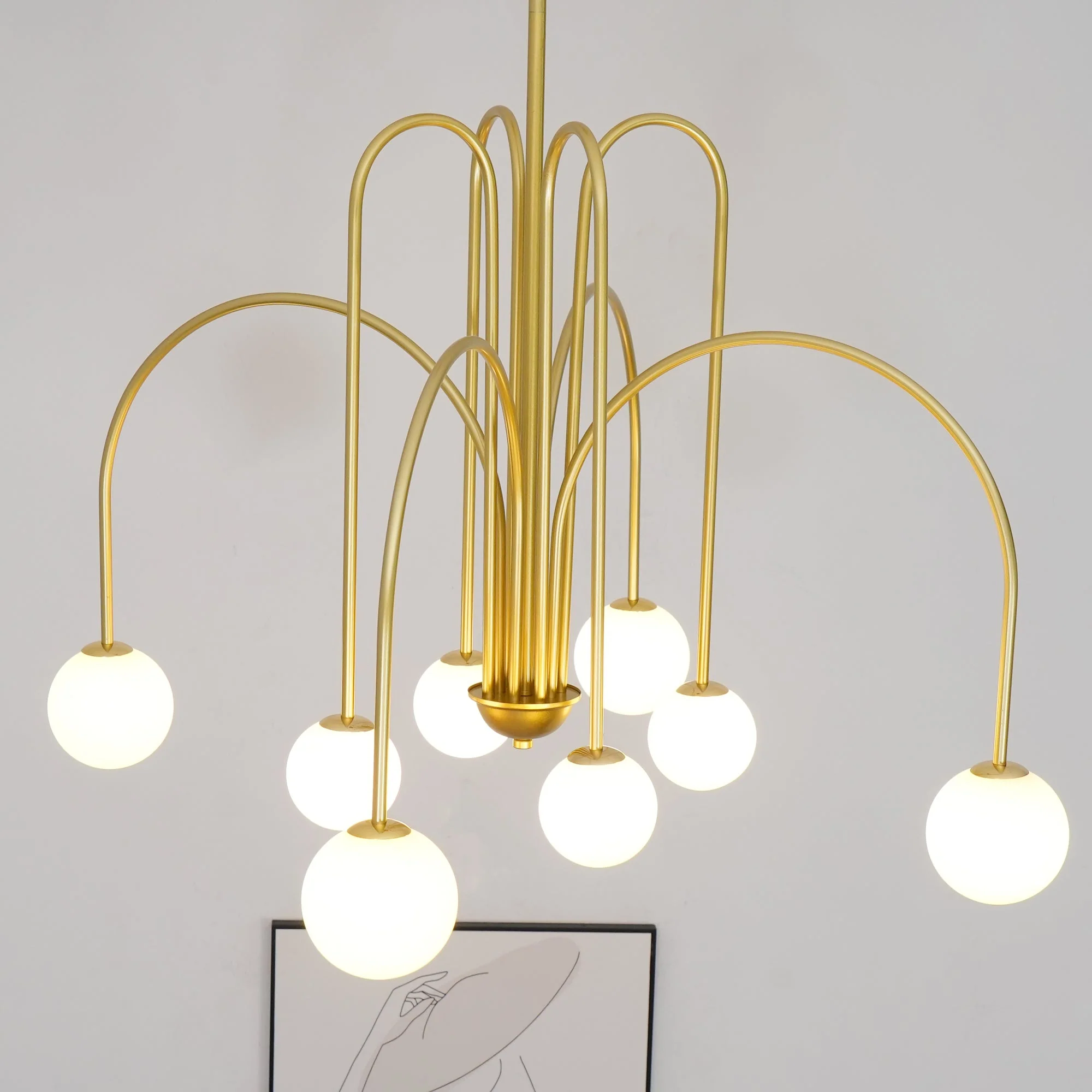 Lustra Chandelier Brass Curved Arms White Globe - Image 3