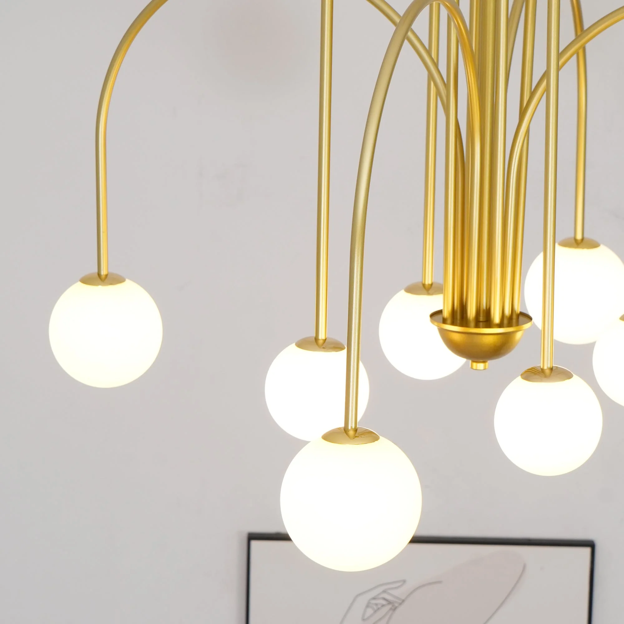 Lustra Chandelier Brass Curved Arms White Globe - Image 4