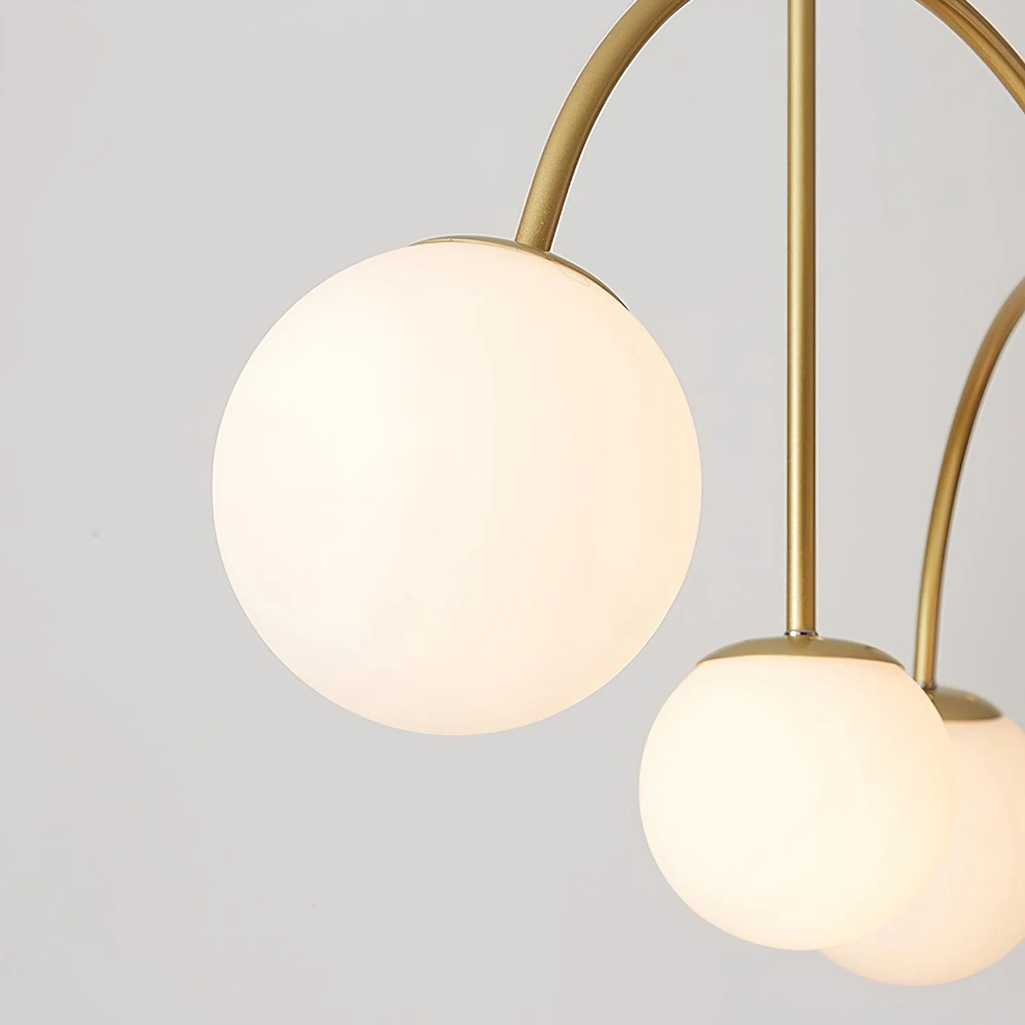 Lustra Chandelier Brass Curved Arms White Globe - Image 5