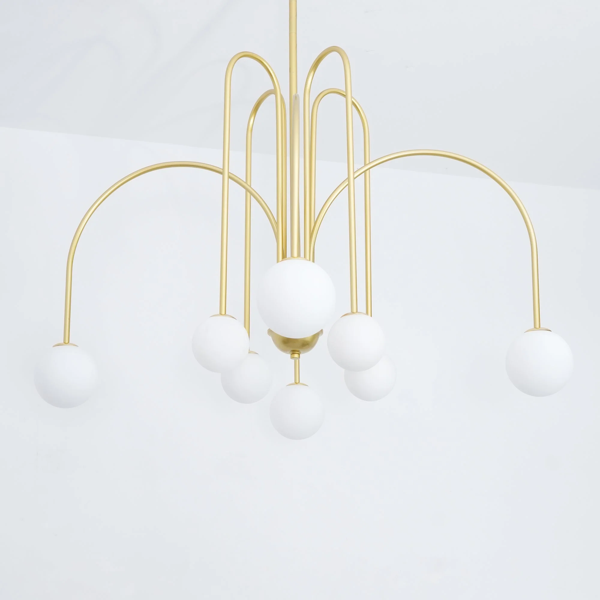 Lustra Chandelier Brass Curved Arms White Globe - Image 6