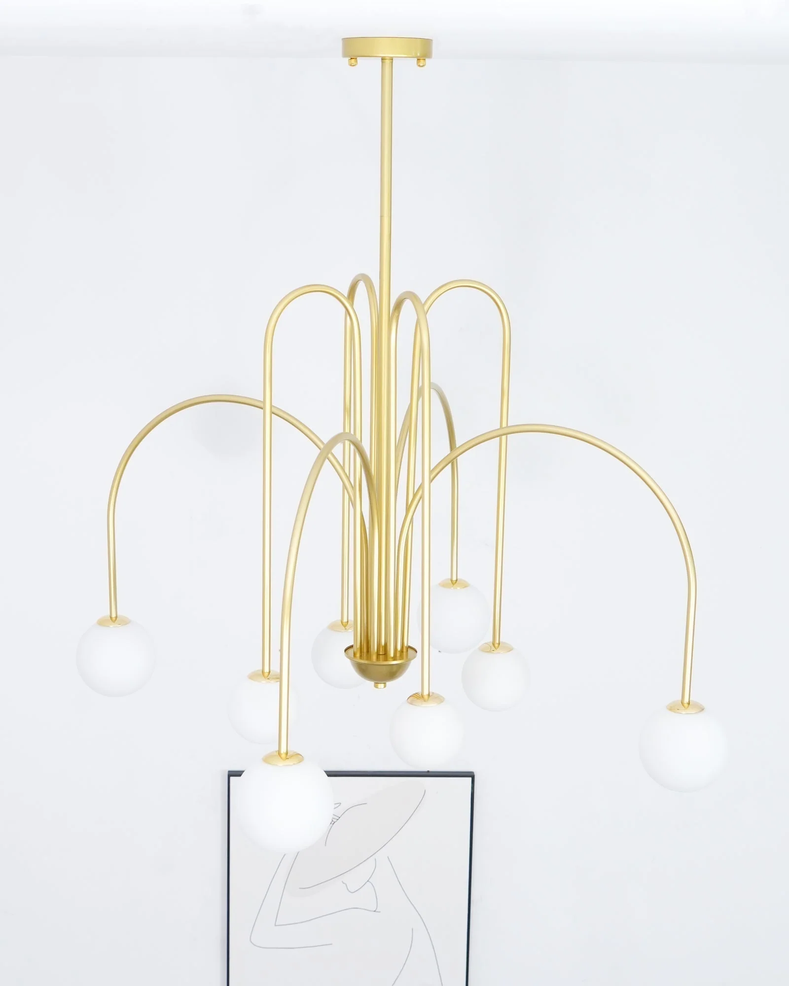 Lustra Chandelier Brass Curved Arms White Globe - Image 8