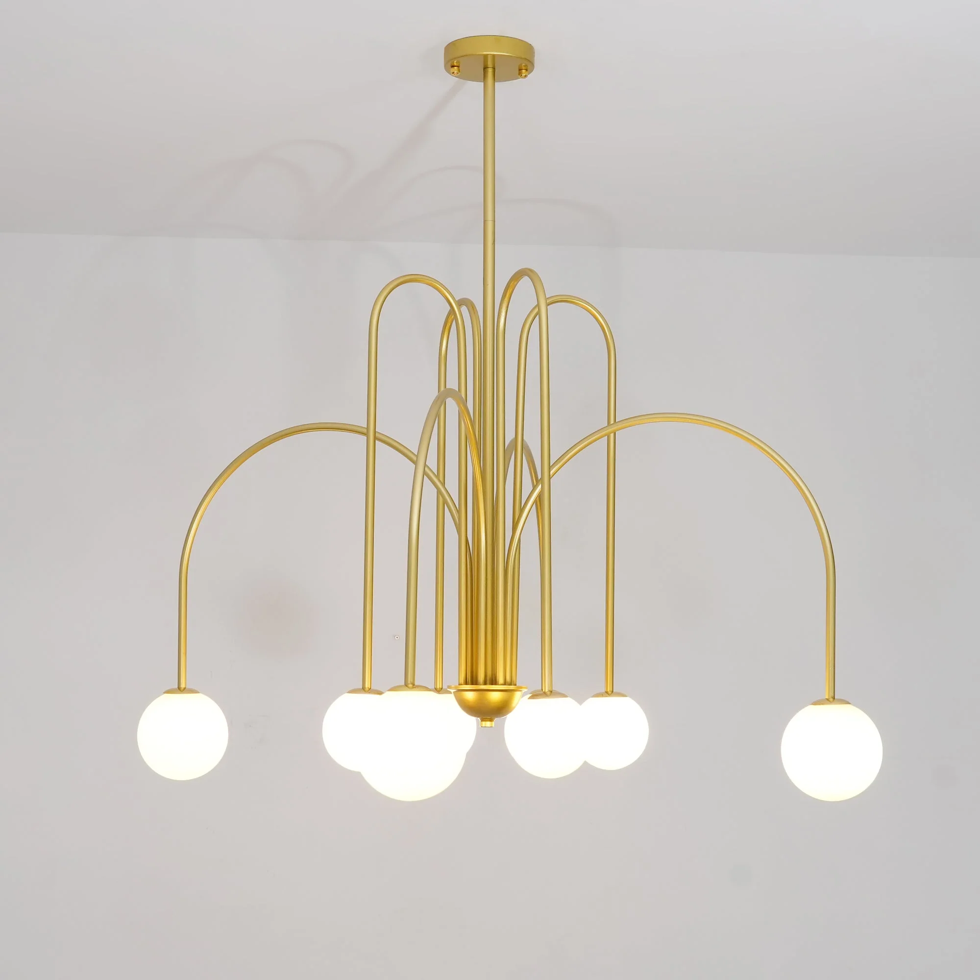Lustra Chandelier Brass Curved Arms White Globe - Image 9
