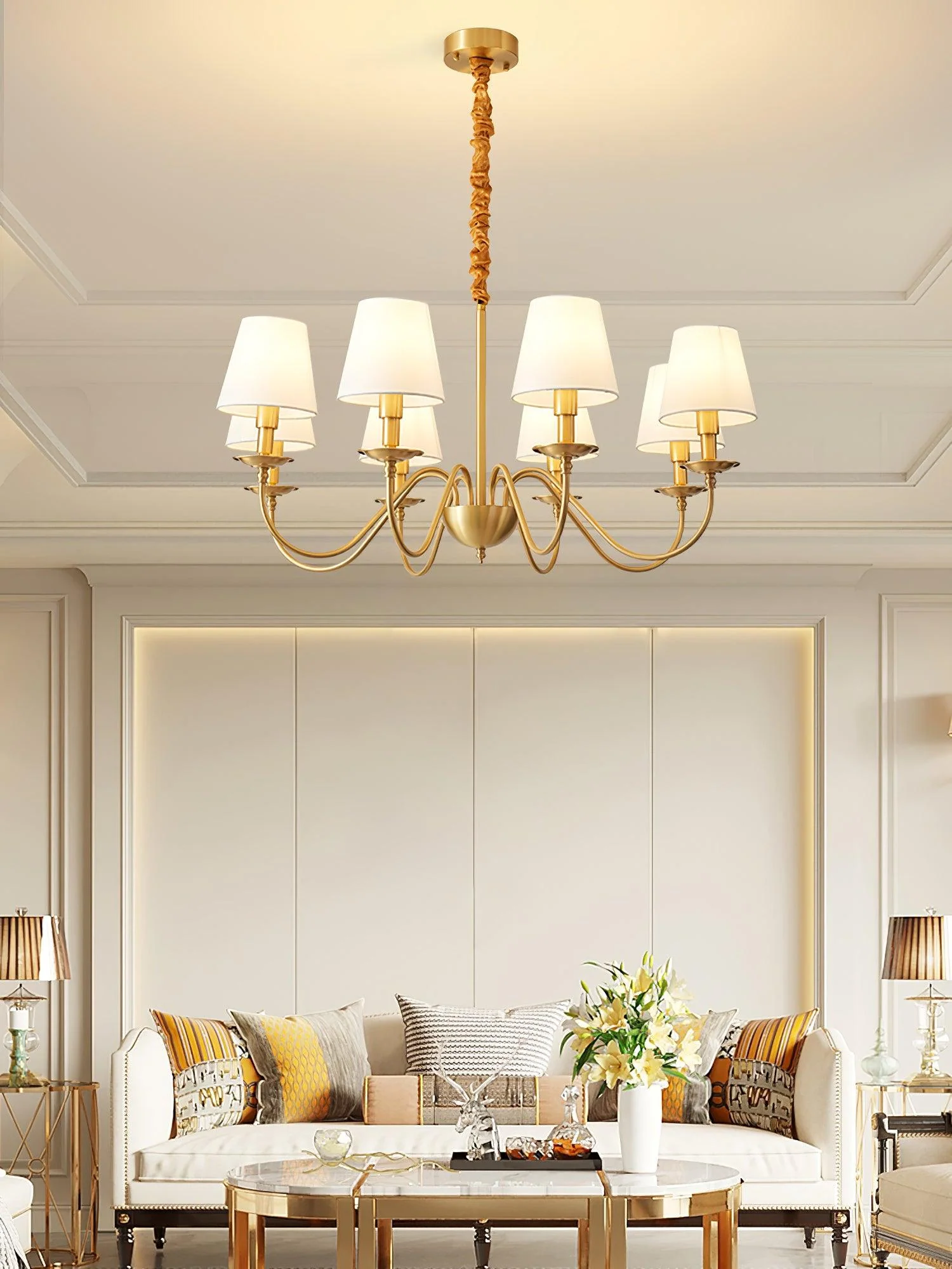 Lustra Chandelier Brass Fabric Shade Classic - Image 16