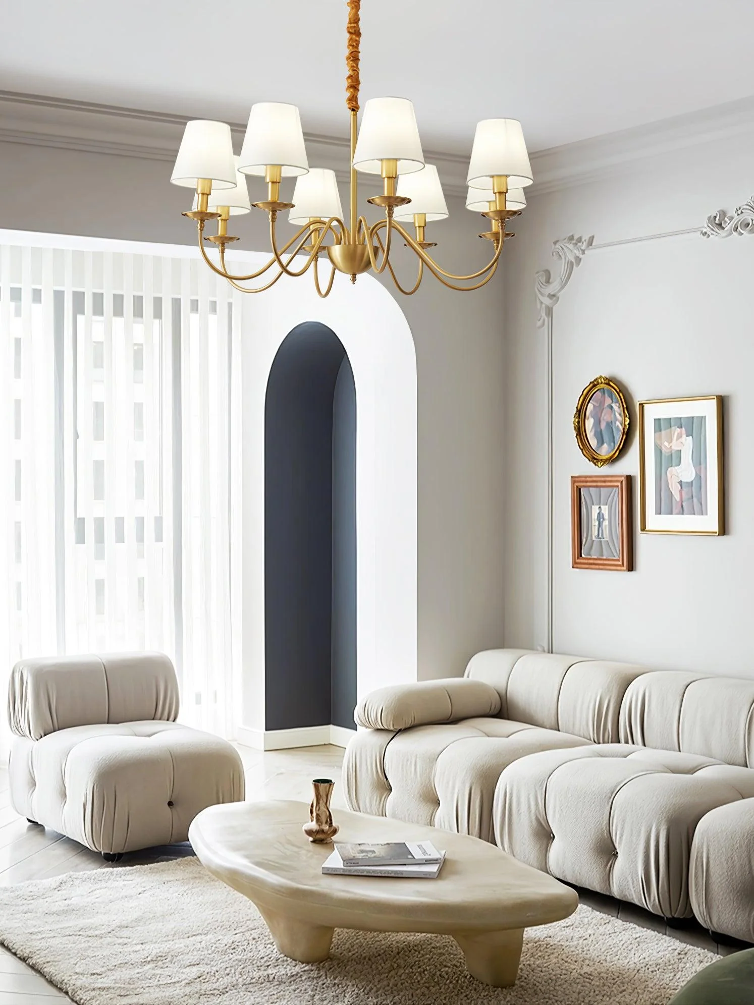 Lustra Chandelier Brass Fabric Shade Classic - Image 2