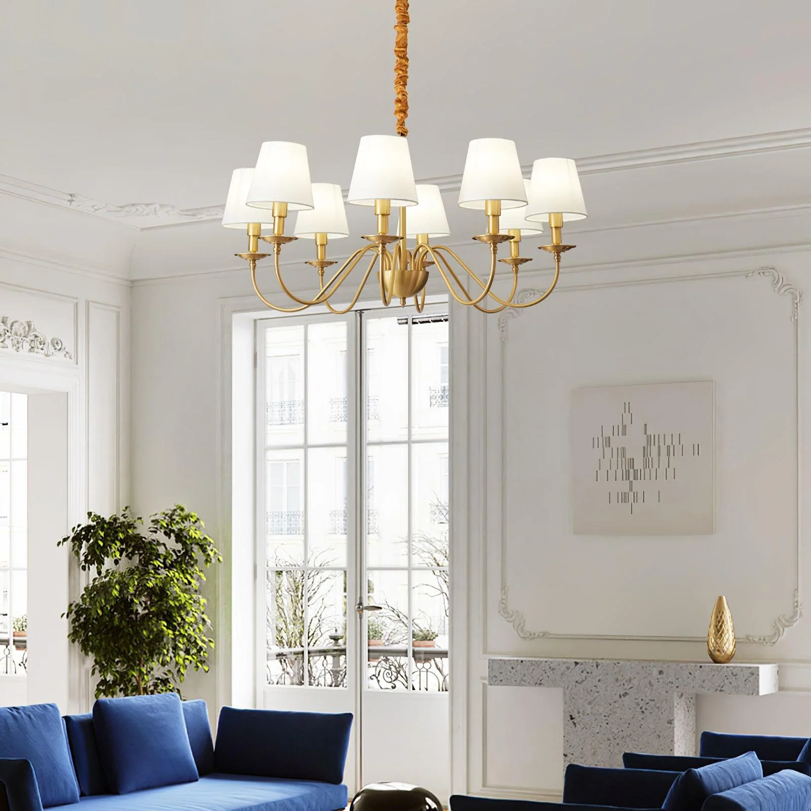 Lustra Chandelier Brass Fabric Shade Classic - Image 4