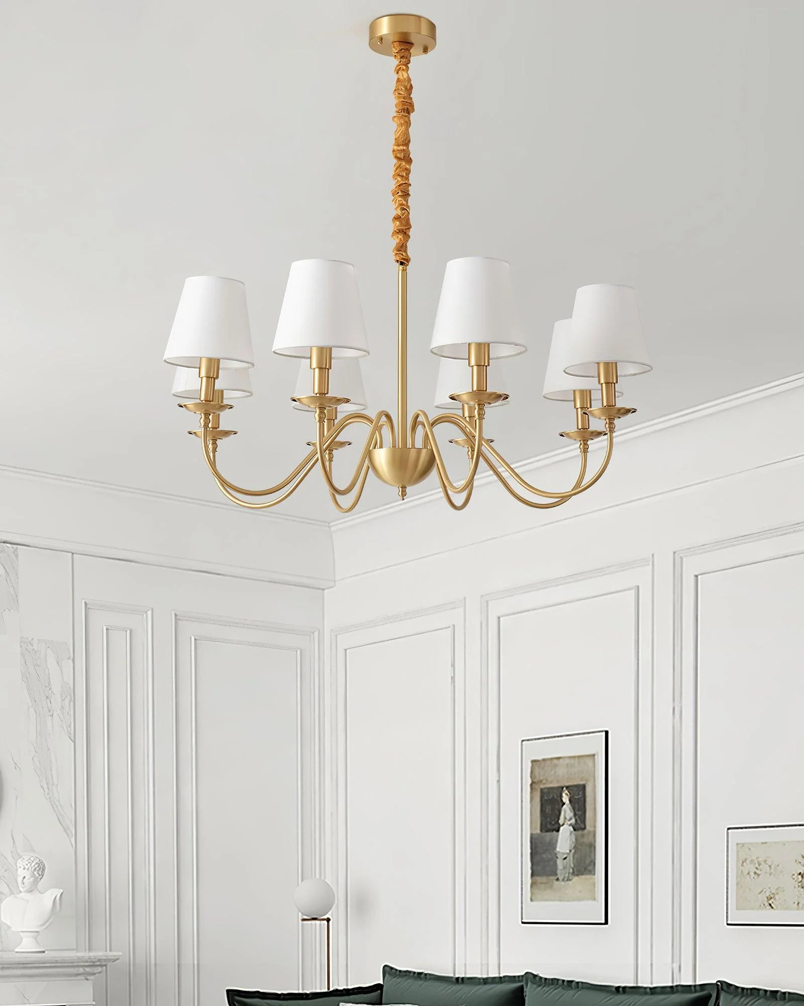Lustra Chandelier Brass Fabric Shade Classic - Image 5