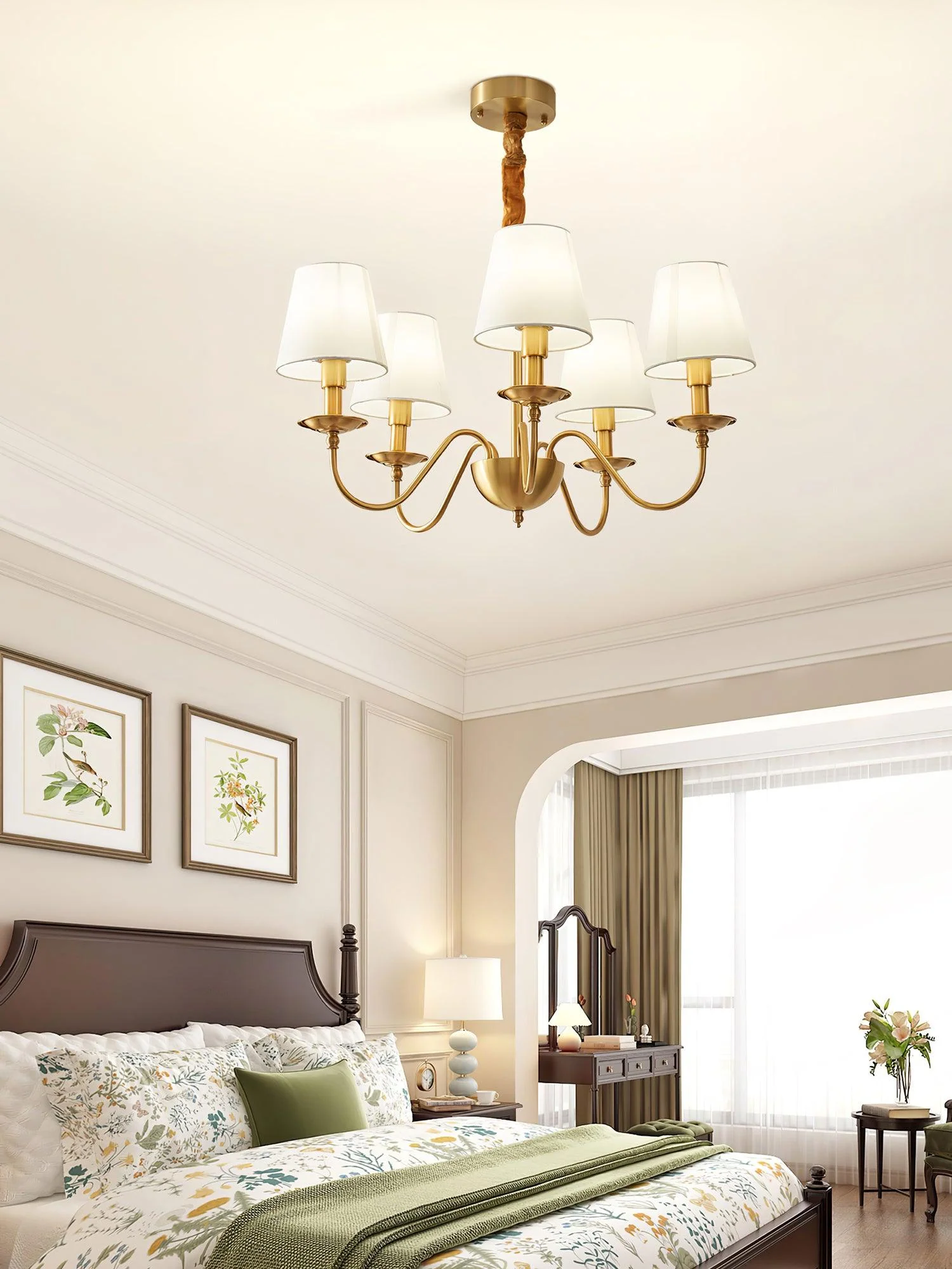 Lustra Chandelier Brass Fabric Shade Classic - Image 9