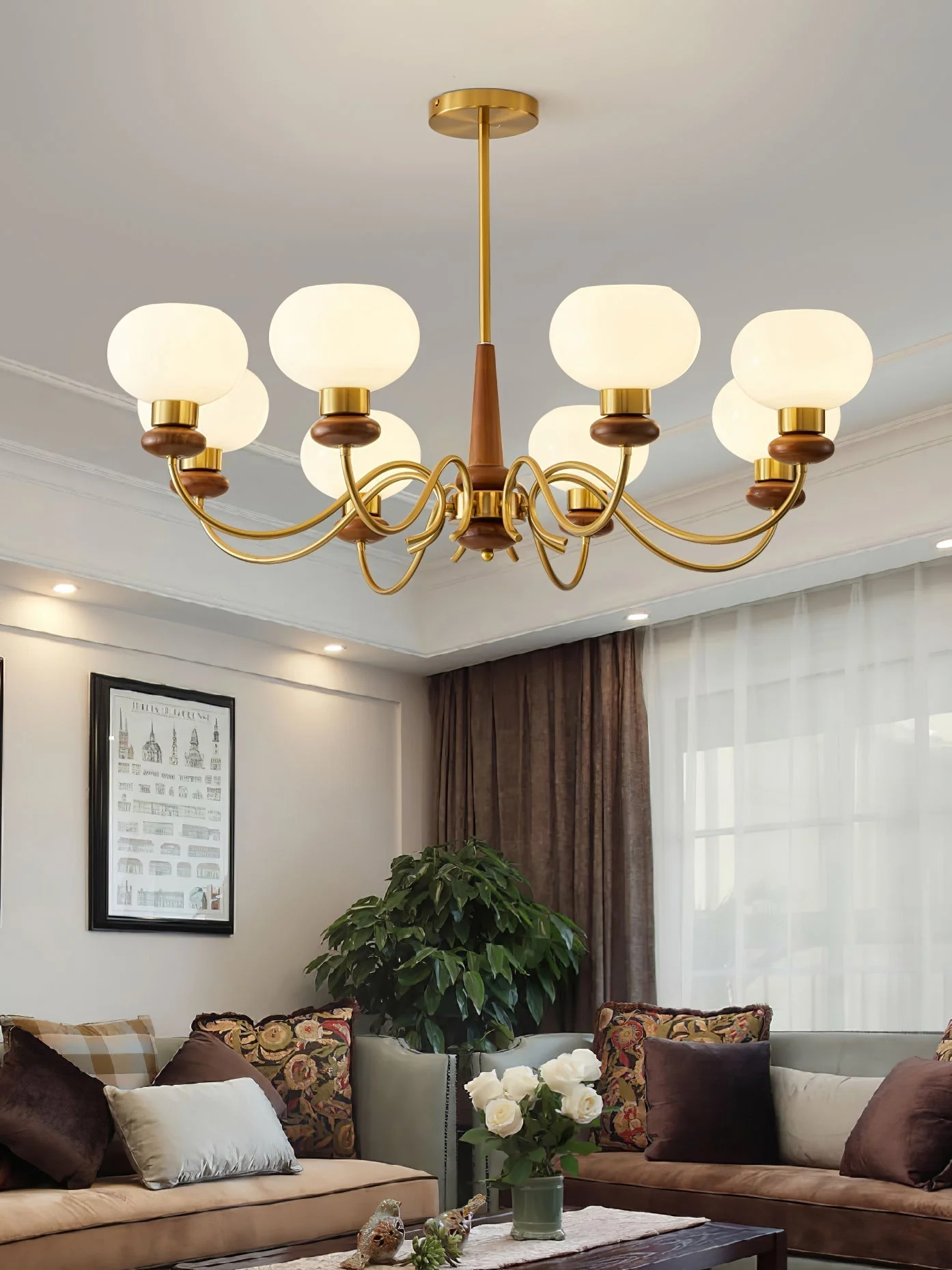 Lustra Chandelier Brass Wood Globe Classic - Image 12