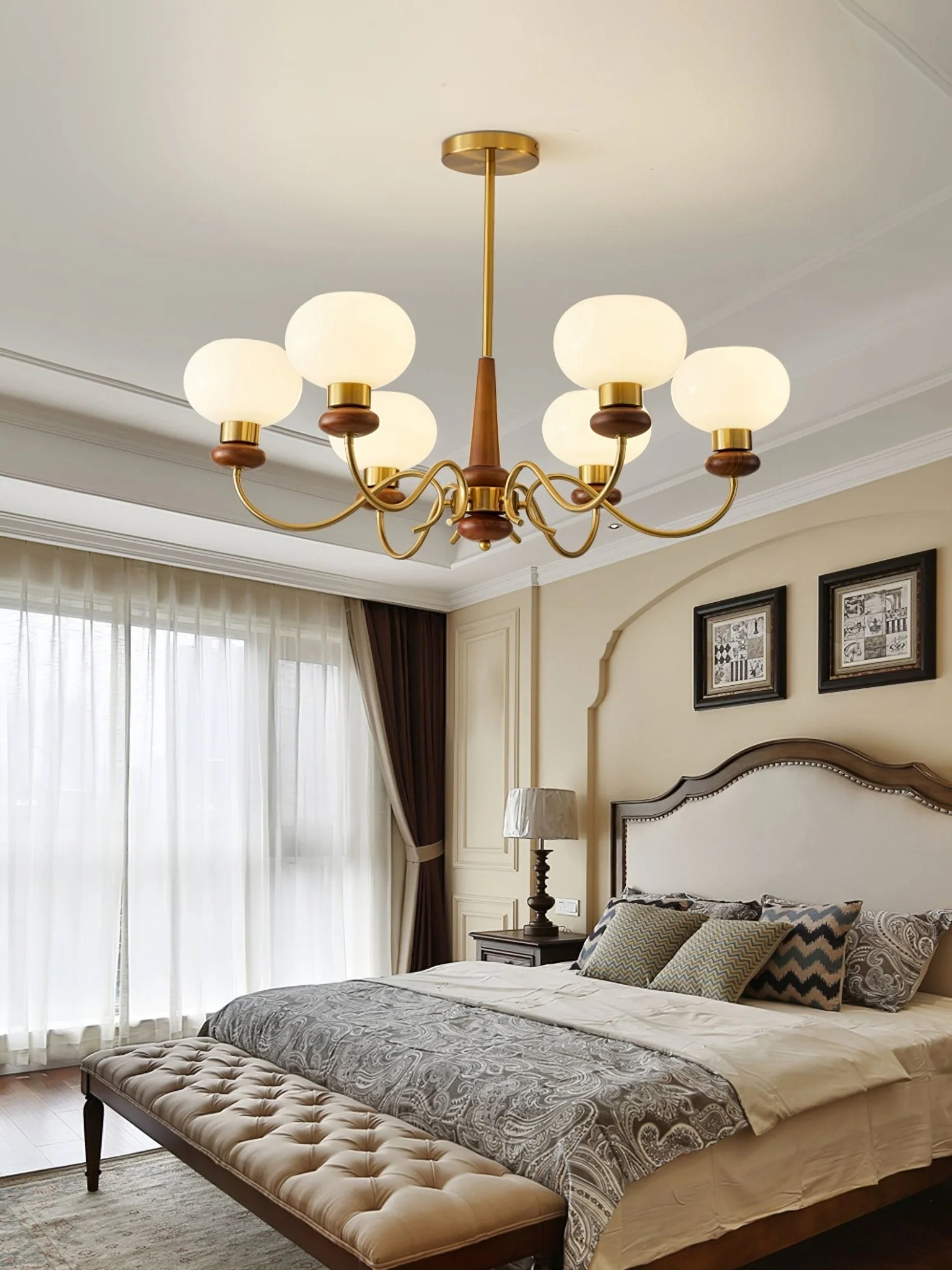 Lustra Chandelier Brass Wood Globe Classic - Image 14