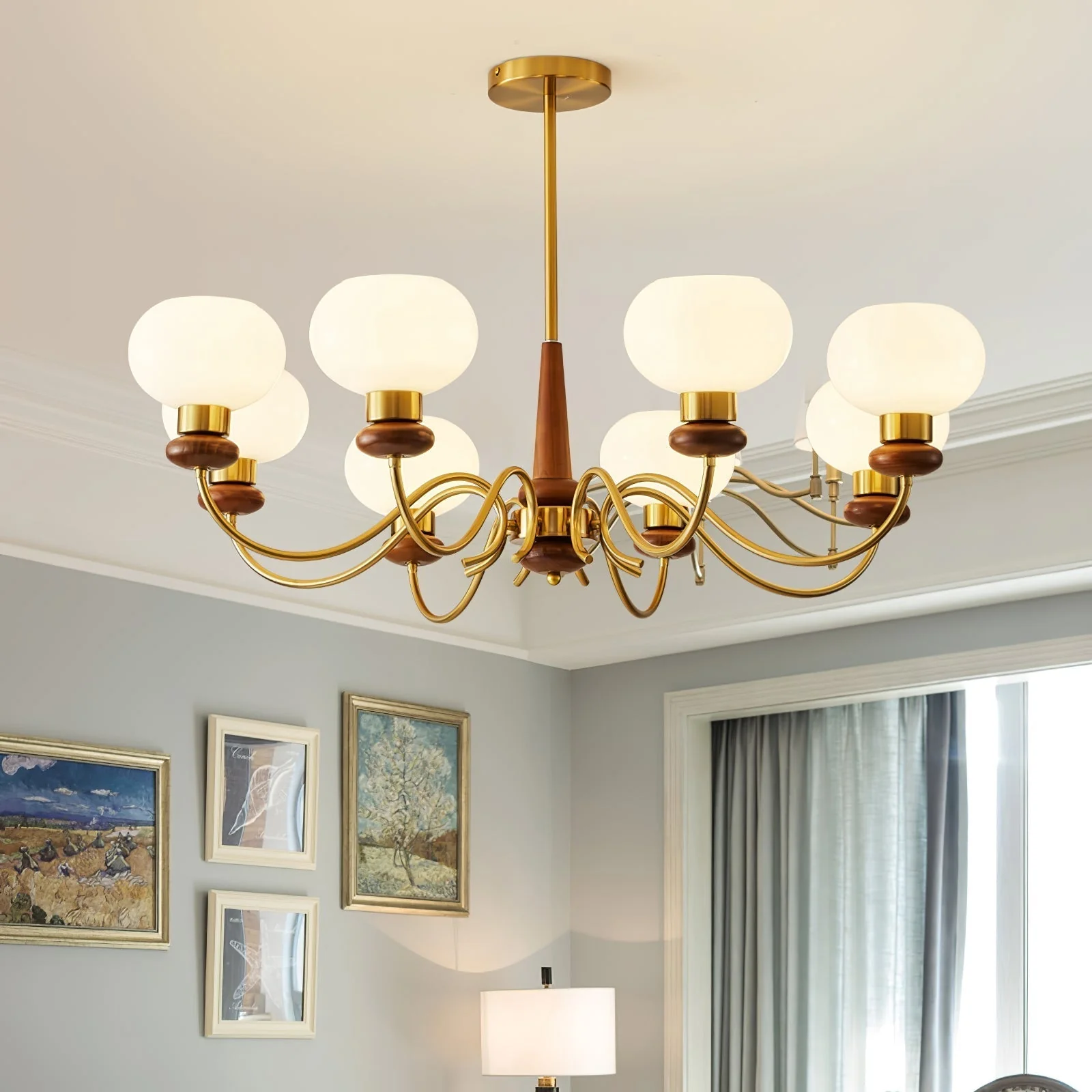 Lustra Chandelier Brass Wood Globe Classic - Image 15