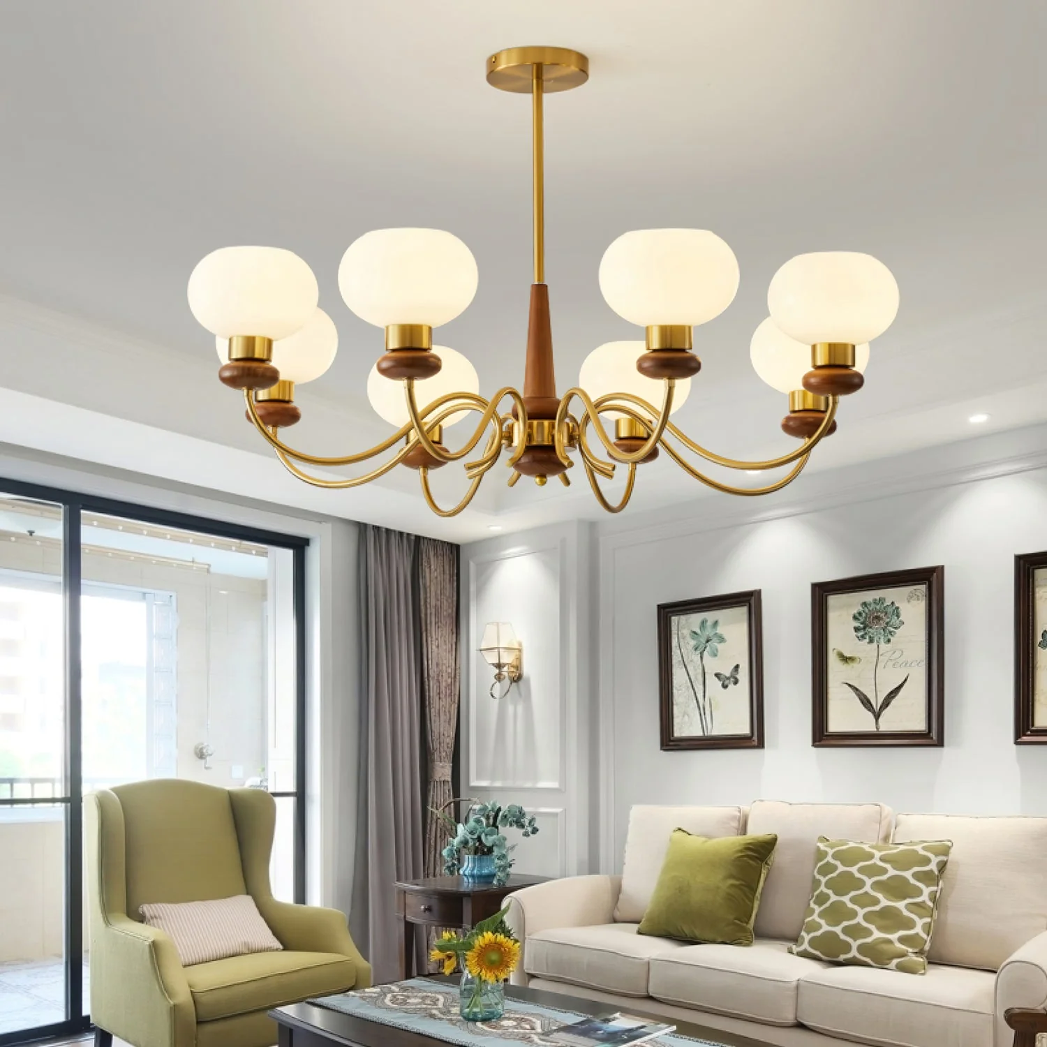 Lustra Chandelier Brass Wood Globe Classic - Image 17