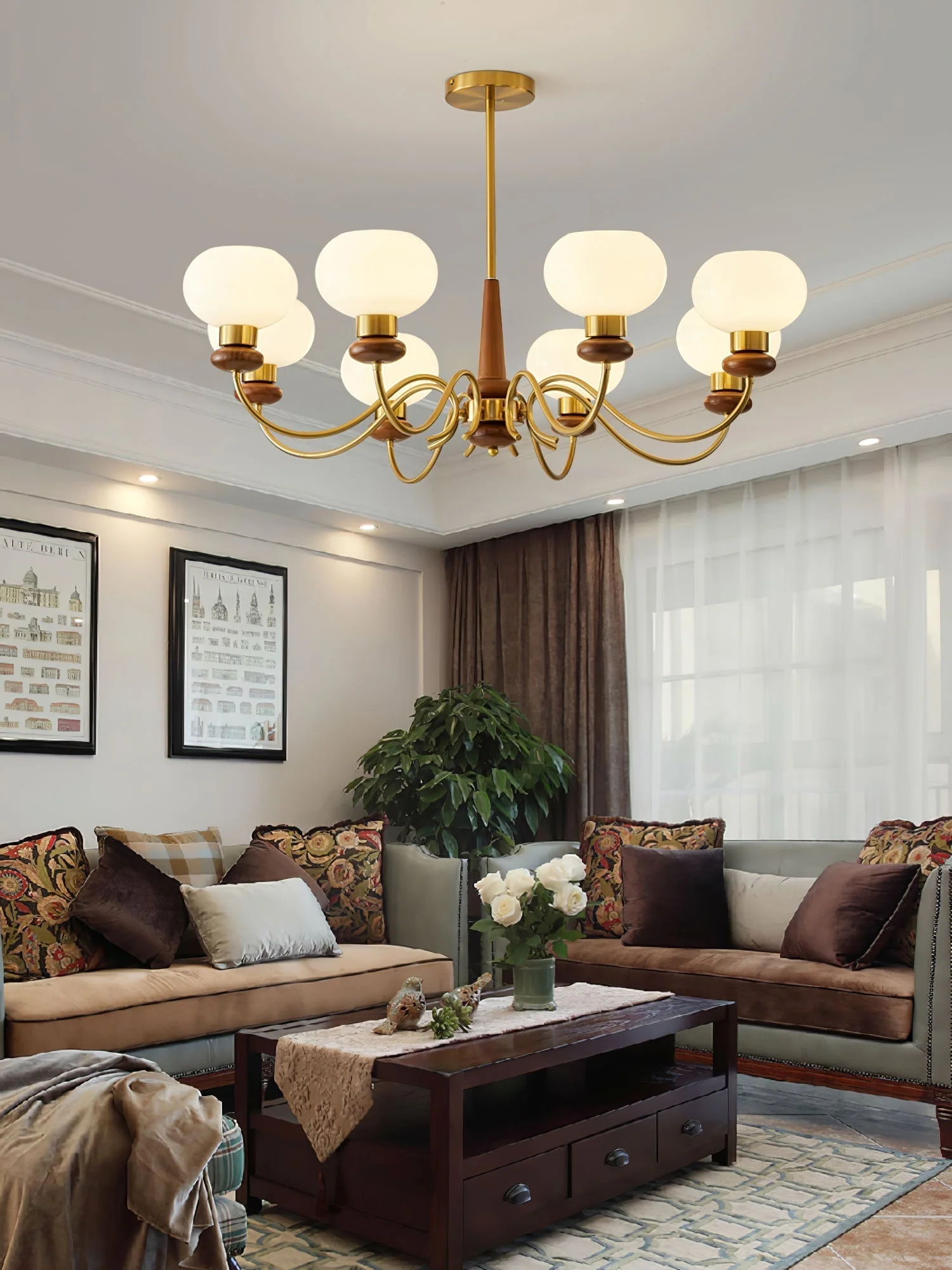 Lustra Chandelier Brass Wood Globe Classic - Image 20