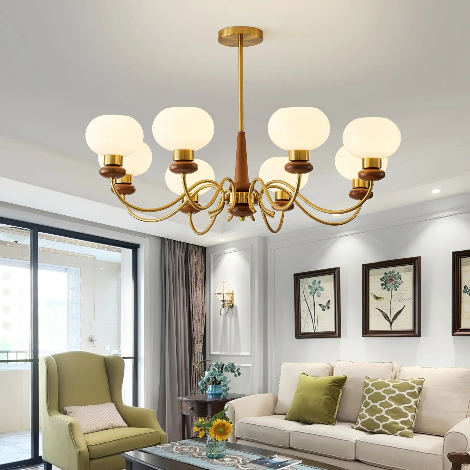 Lustra Chandelier Brass Wood Globe Classic - Image 24