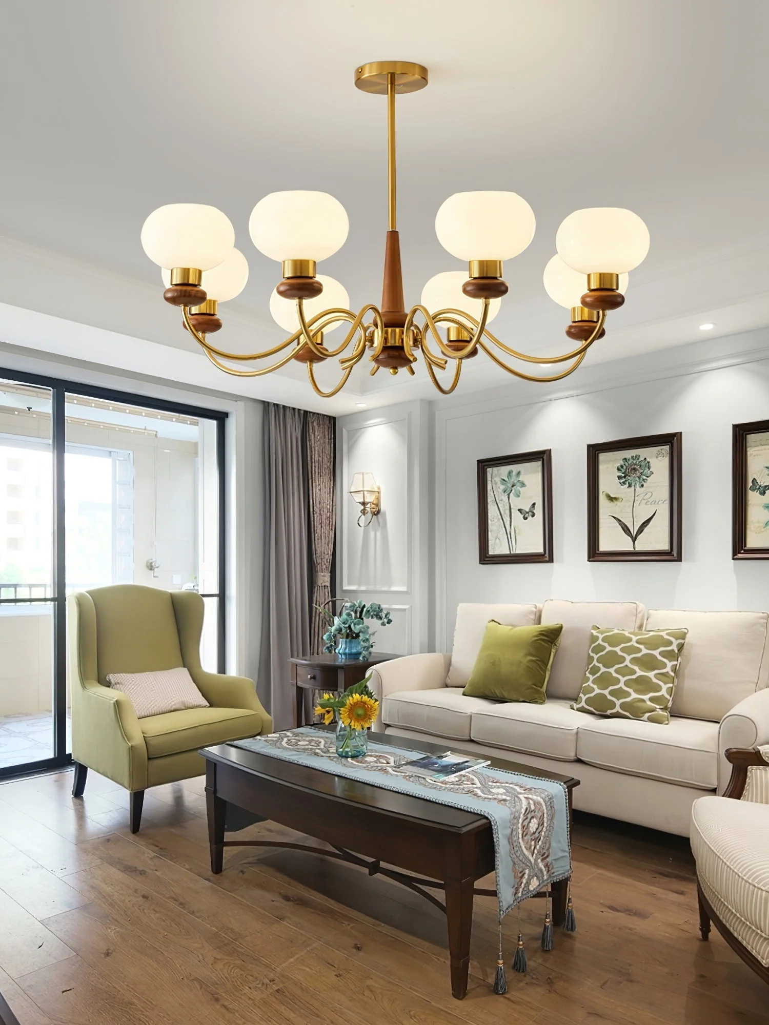 Lustra Chandelier Brass Wood Globe Classic - Image 26
