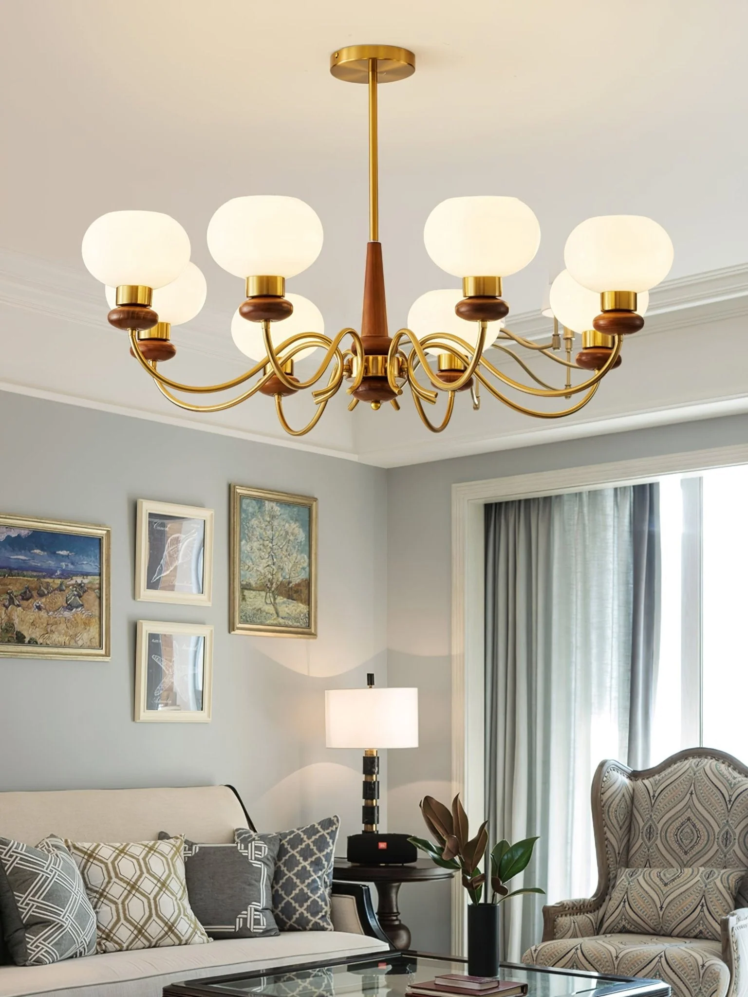 Lustra Chandelier Brass Wood Globe Classic - Image 4