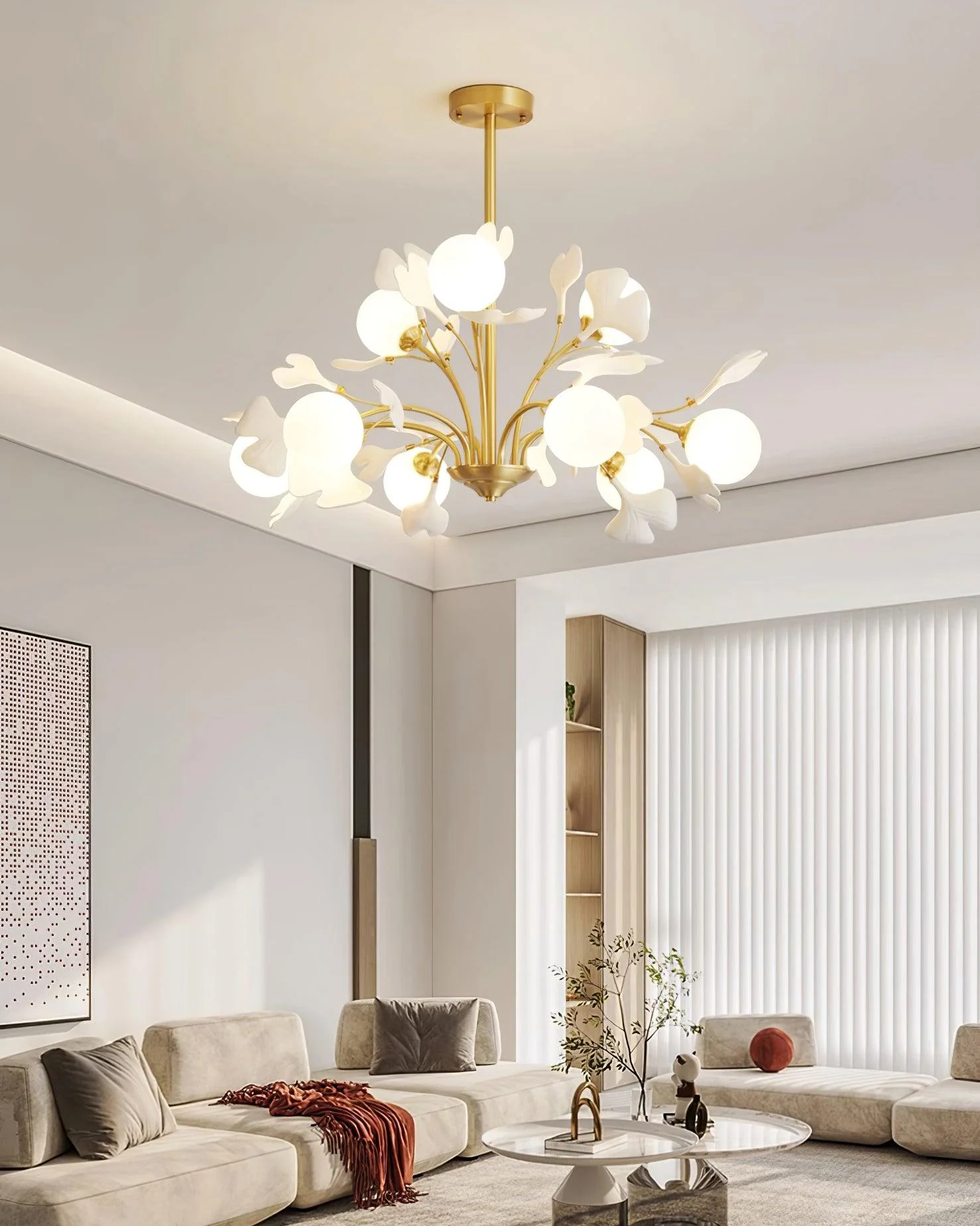 Lustra Chandelier Ginkgo Leaf Brass Ceramic Glass - Image 2