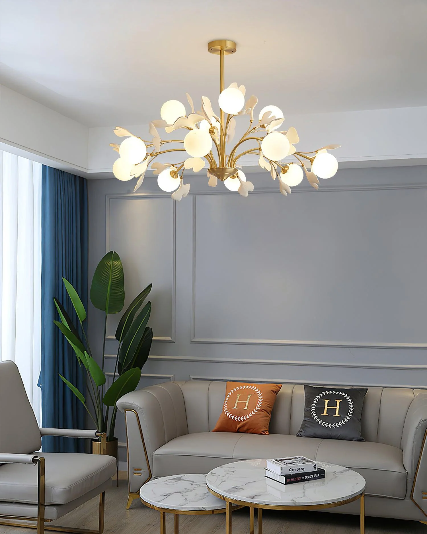 Lustra Chandelier Ginkgo Leaf Brass Ceramic Glass - Image 23