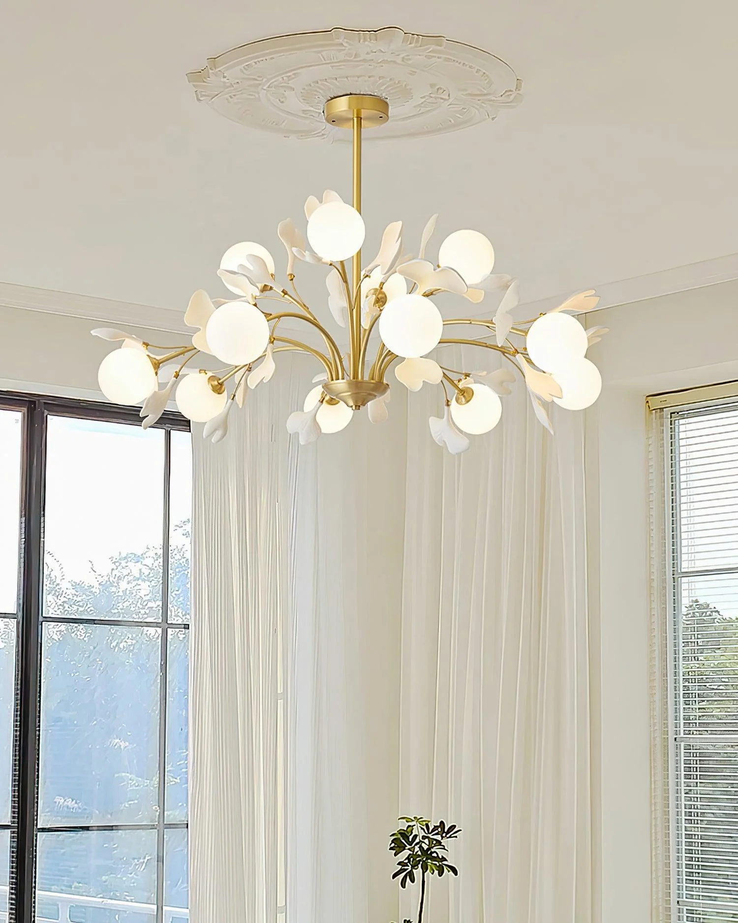 Lustra Chandelier Ginkgo Leaf Brass Ceramic Glass - Image 31