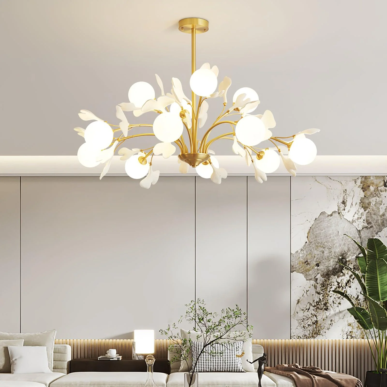 Lustra Chandelier Ginkgo Leaf Brass Ceramic Glass - Image 4