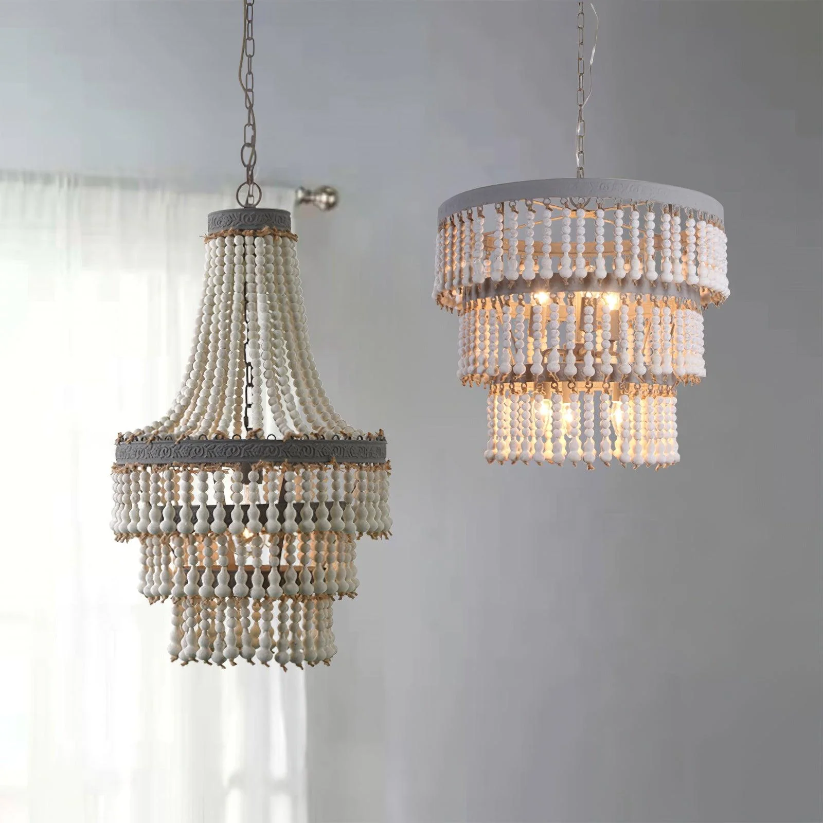 Lustra Chandelier Three Tiered Wood Beaded - Image 2