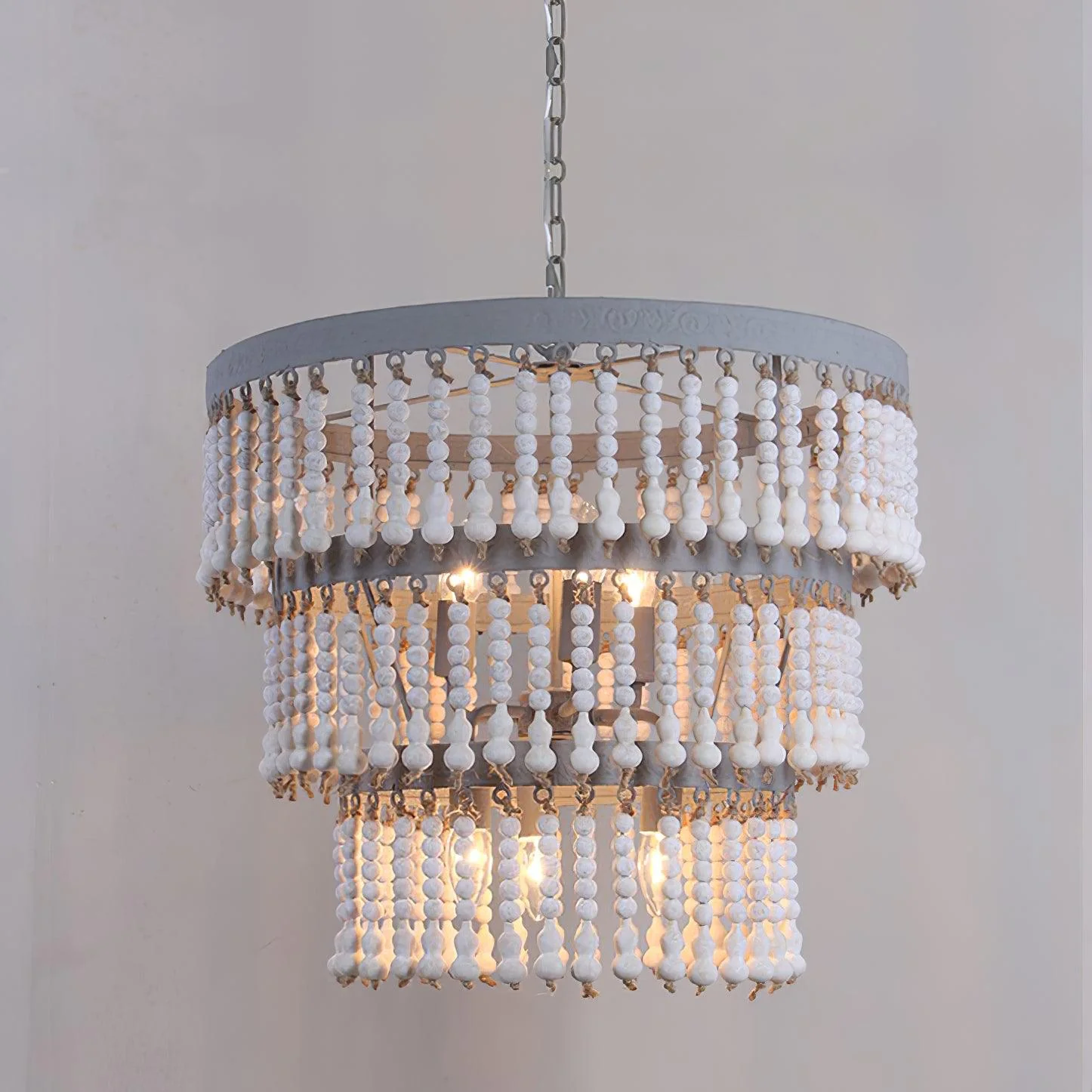 Lustra Chandelier Three Tiered Wood Beaded - Image 4