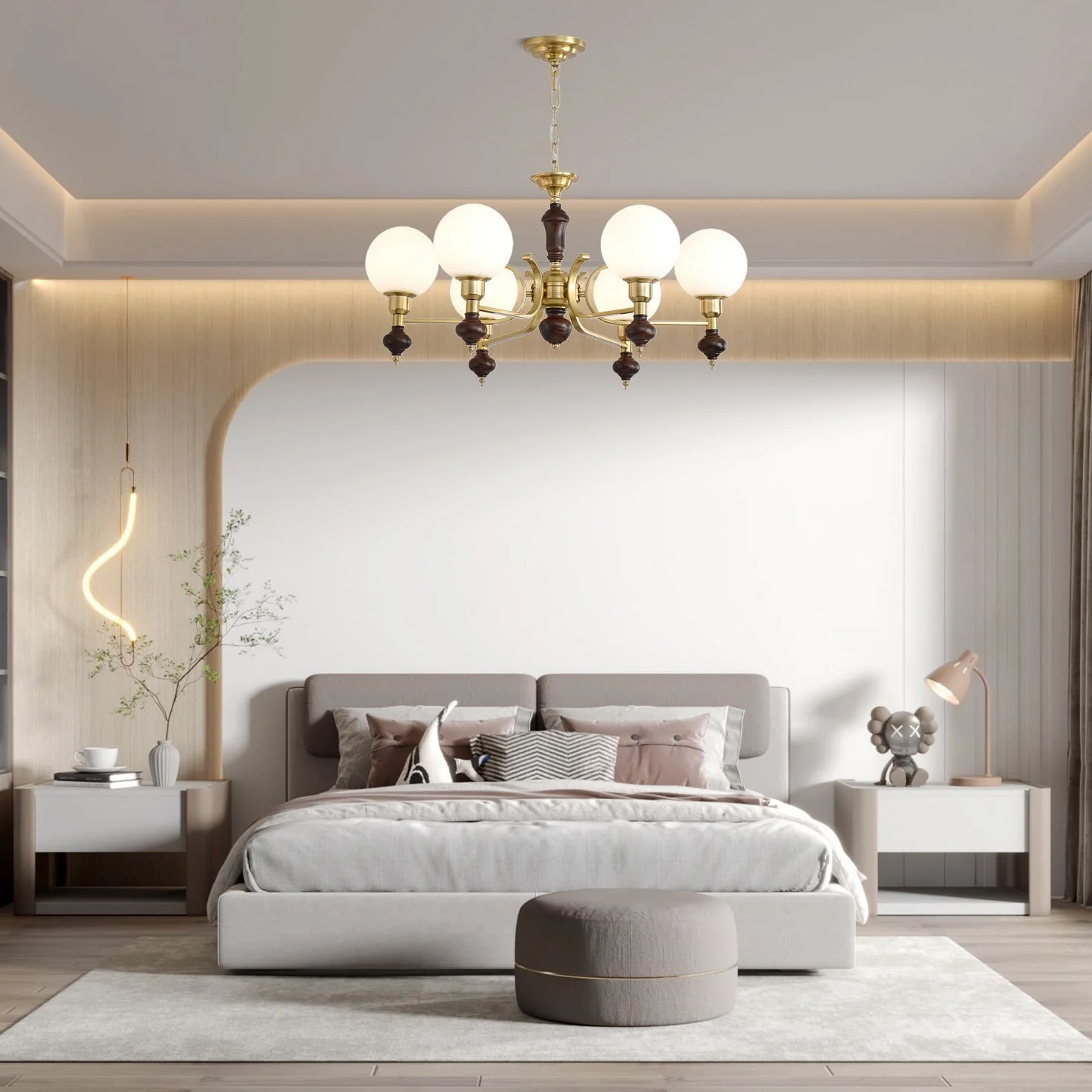 Lustra Chandelier Wood & Brass Globe Orb - Image 14