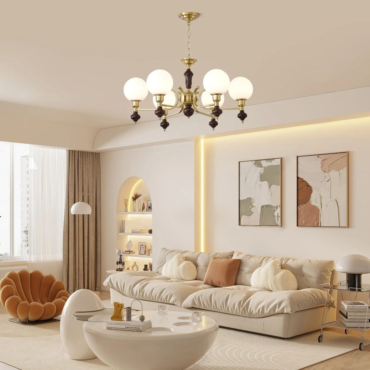 Lustra Chandelier Wood & Brass Globe Orb - Image 15
