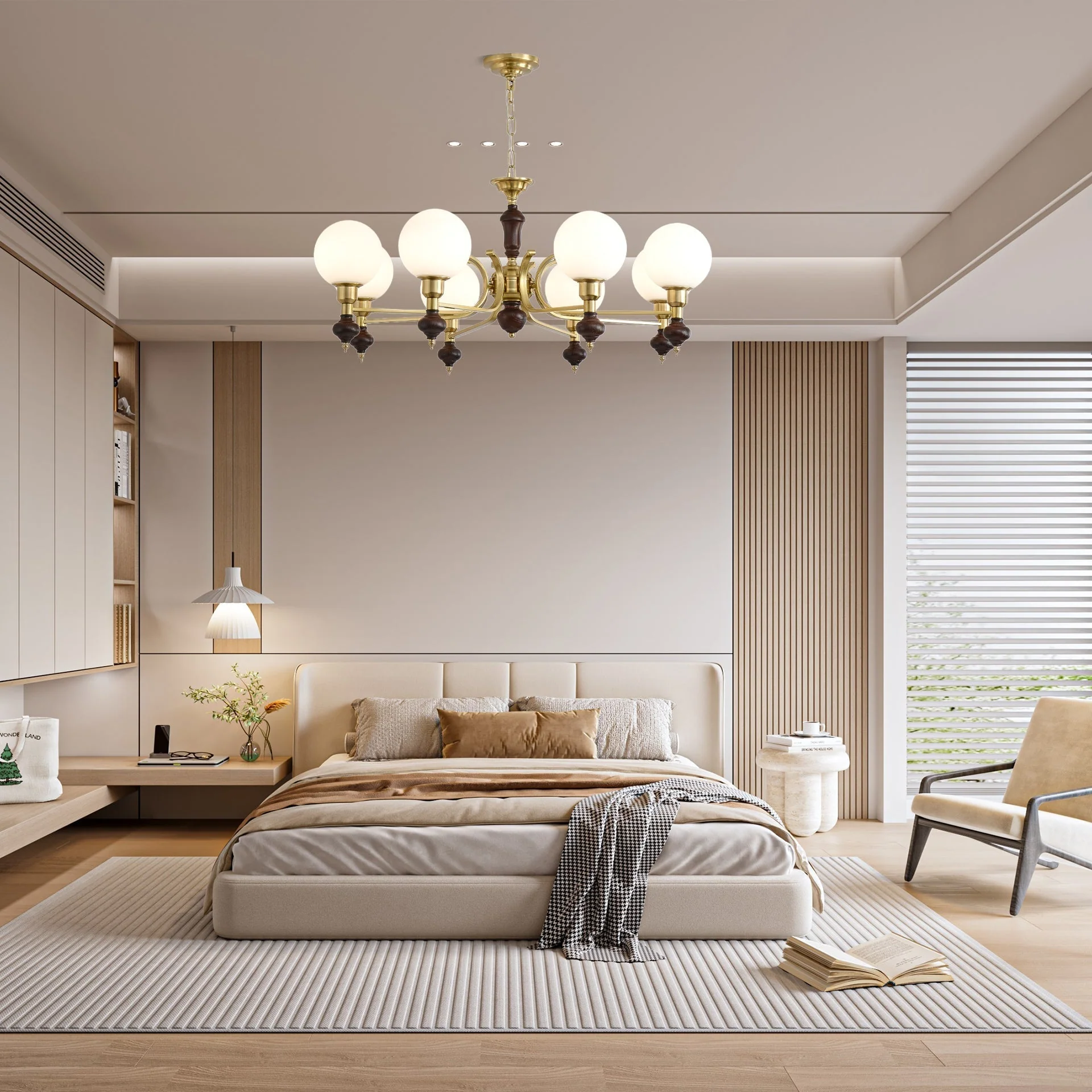 Lustra Chandelier Wood & Brass Globe Orb - Image 16