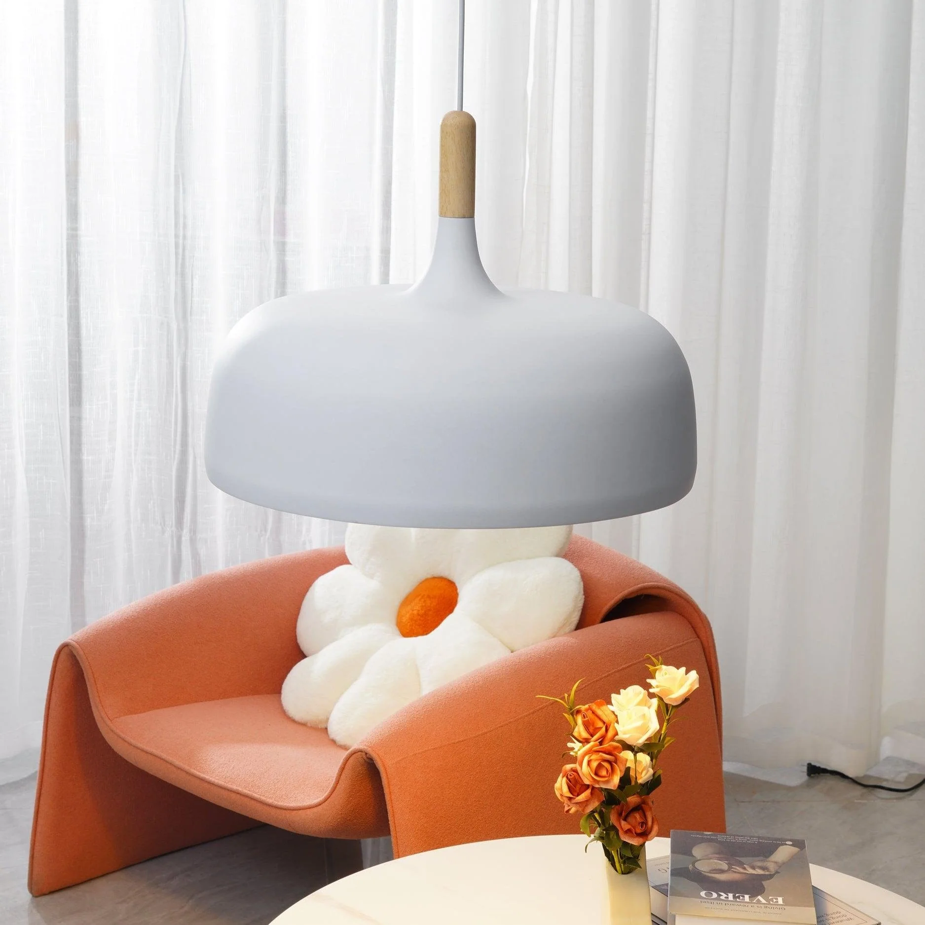 Lustra Pendant Lamp White Shade Wood - Image 11