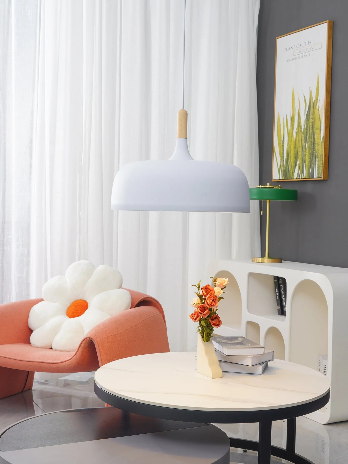 Lustra Pendant Lamp White Shade Wood - Image 92