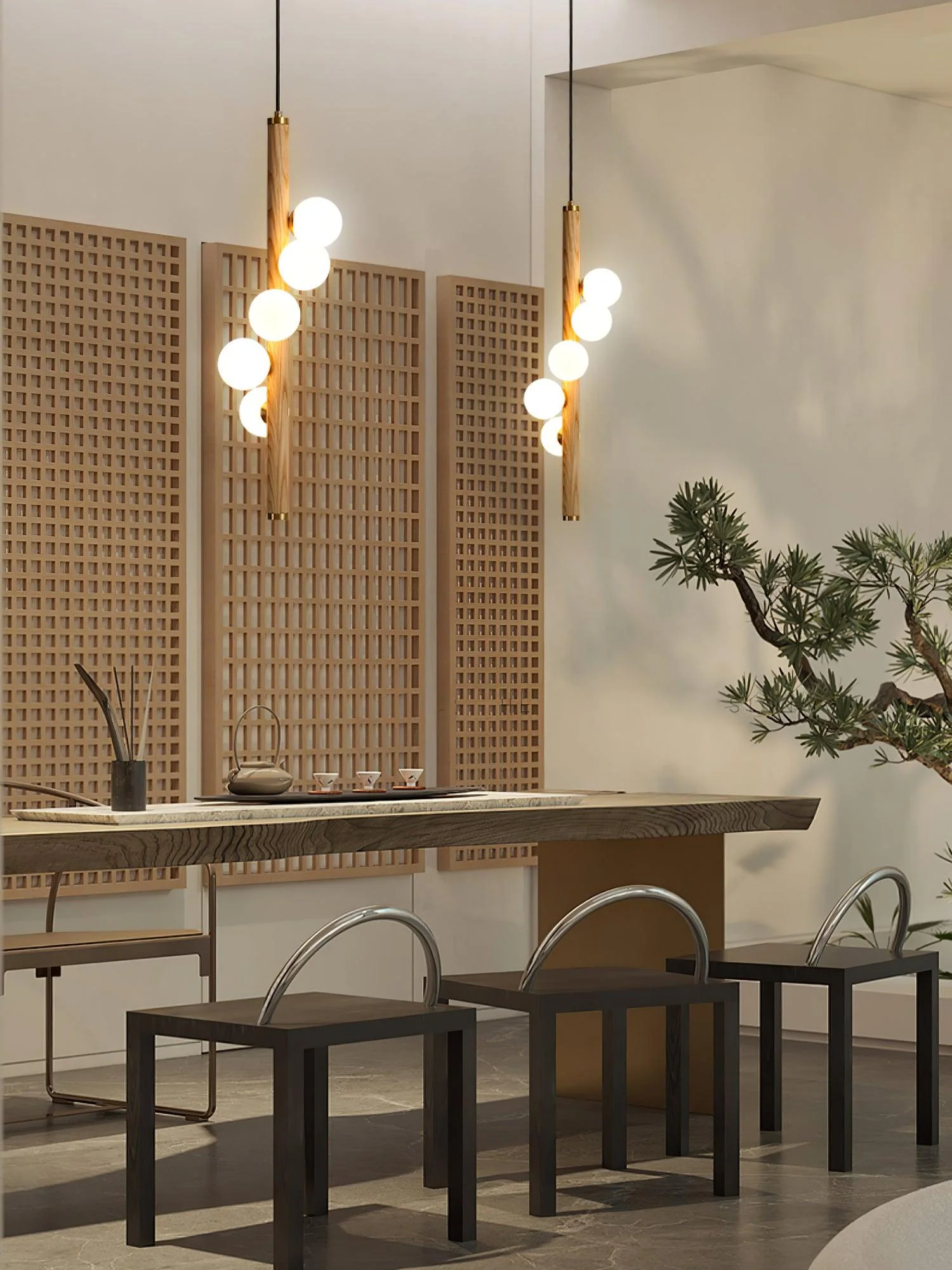 Lustra Pendant Lamp Wooden Glass Linear - Image 17