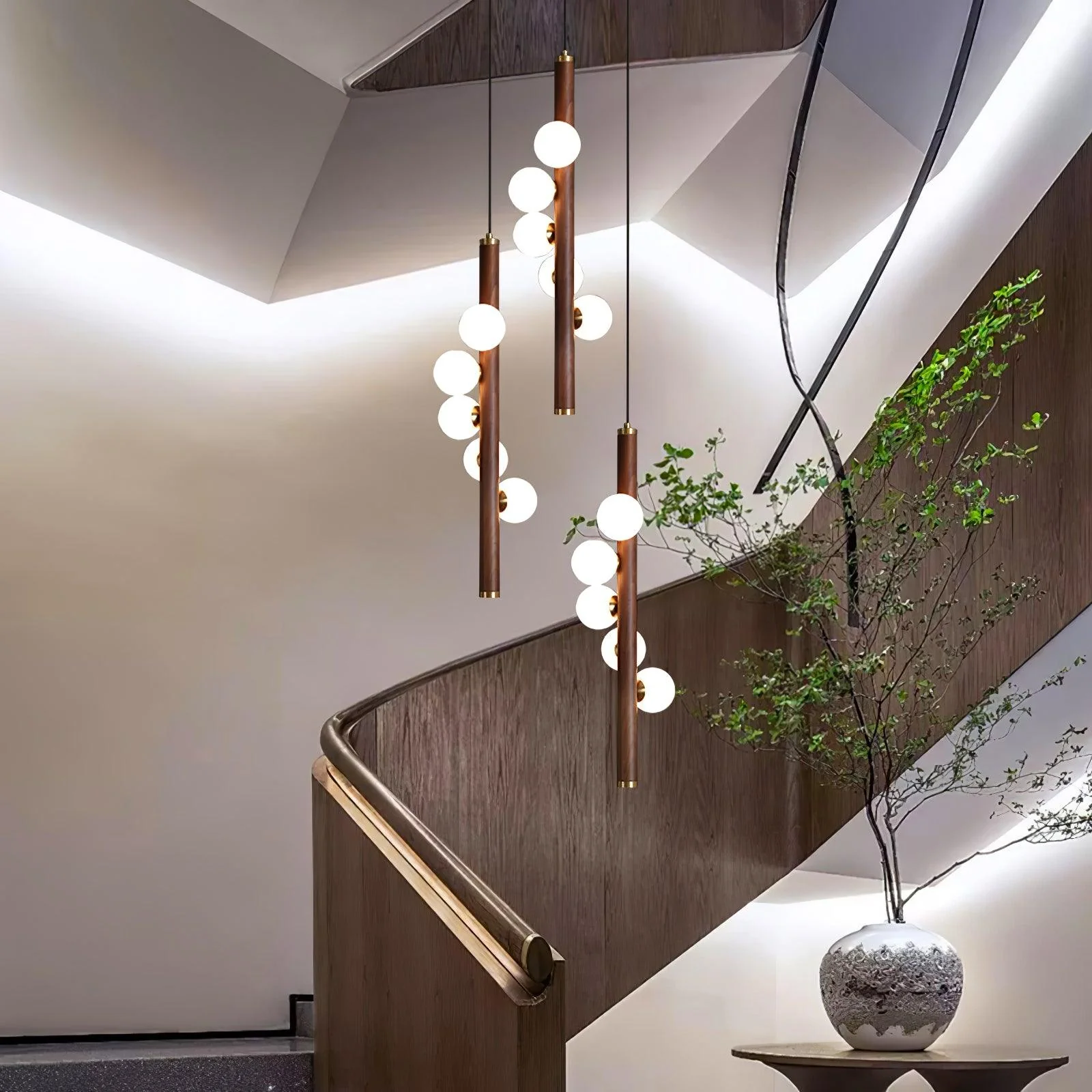 Lustra Pendant Lamp Wooden Glass Linear - Image 4