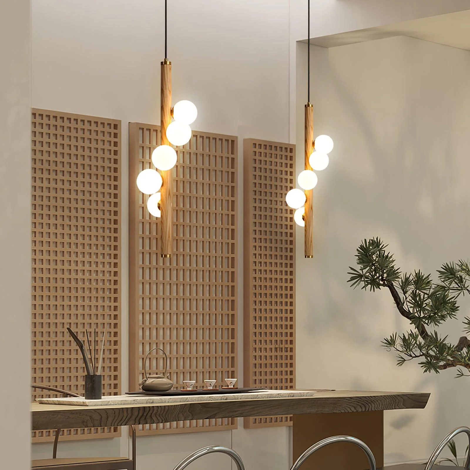 Lustra Pendant Lamp Wooden Glass Linear - Image 9