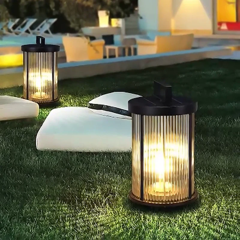 Melissa Striped Cylindrical Portable Glass Outdoor Lanterns - Image 3