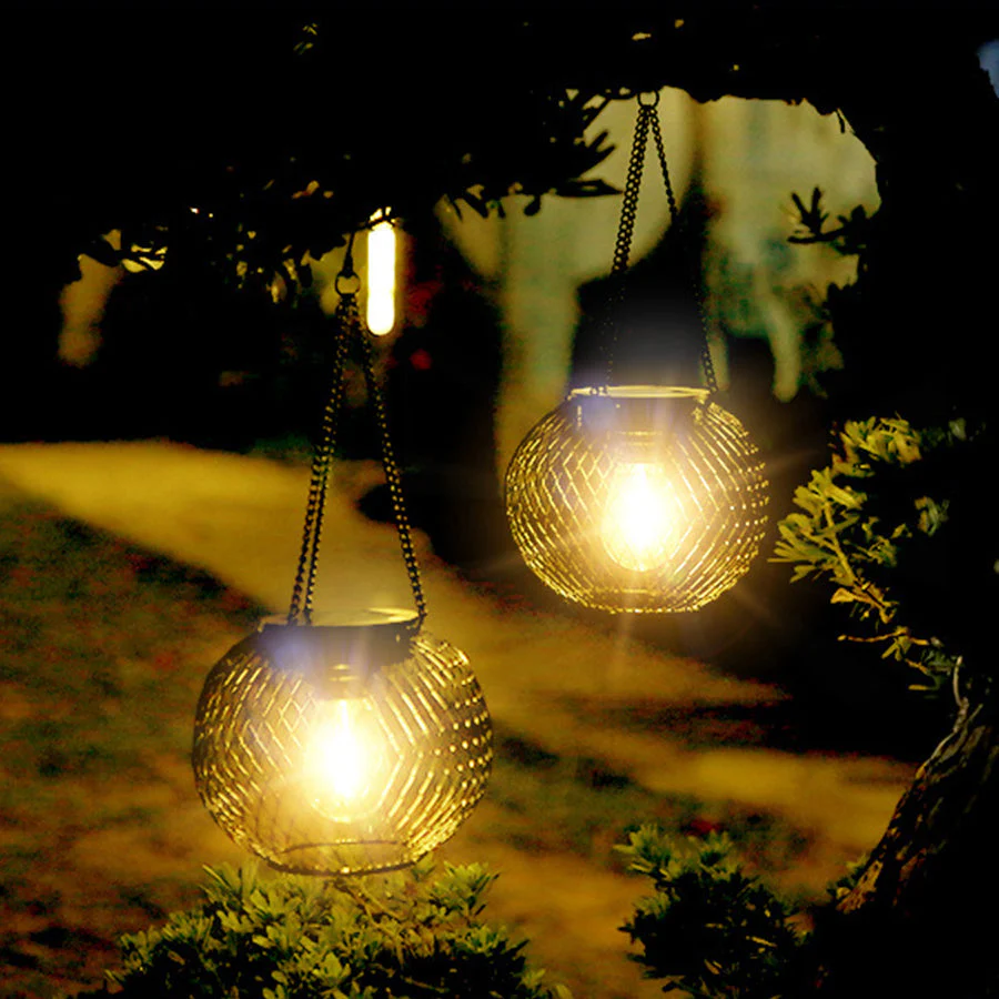 Hollow Black Lantern Pendant Light Solar-Powered