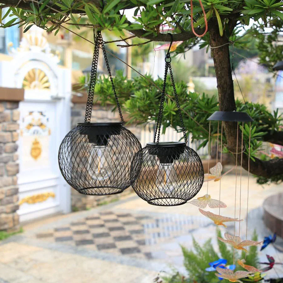 Hollow Black Lantern Pendant Light Solar-Powered - Image 2
