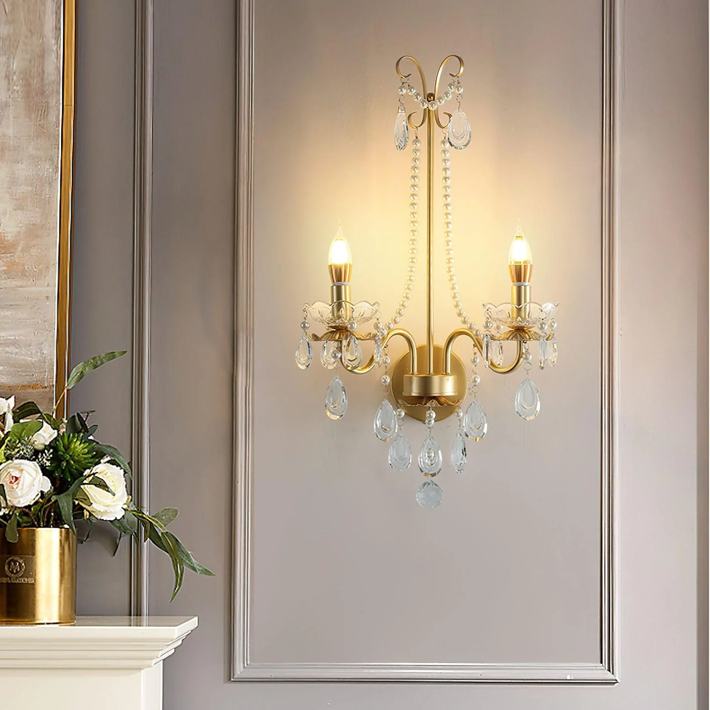 Nydoraris Elegance Pearl Chain Crystal Wall Lamp - Image 8