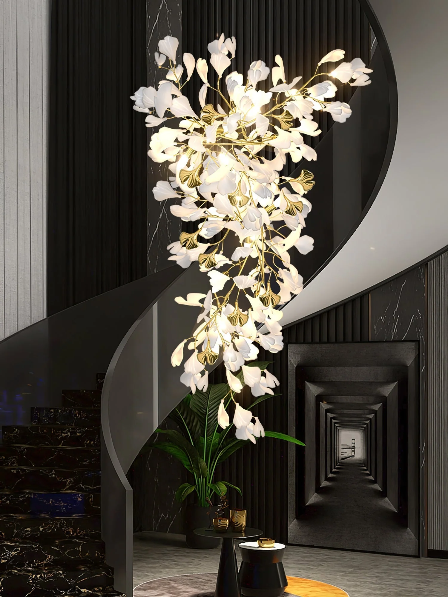 Olivia Ceramic Gingko Chandelier Luxury Hotel Staircase - Image 15