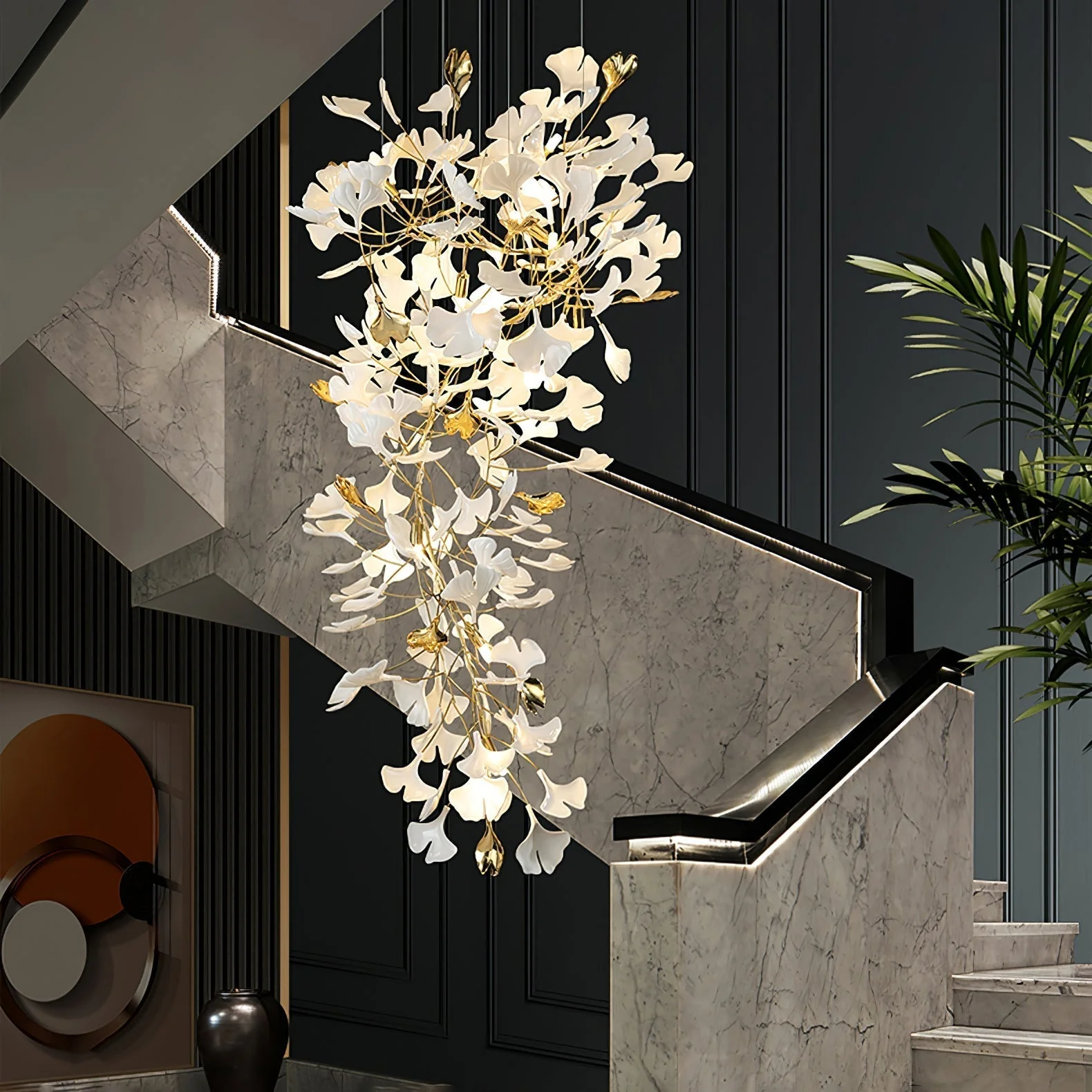 Olivia Ceramic Gingko Chandelier Luxury Hotel Staircase - Image 23